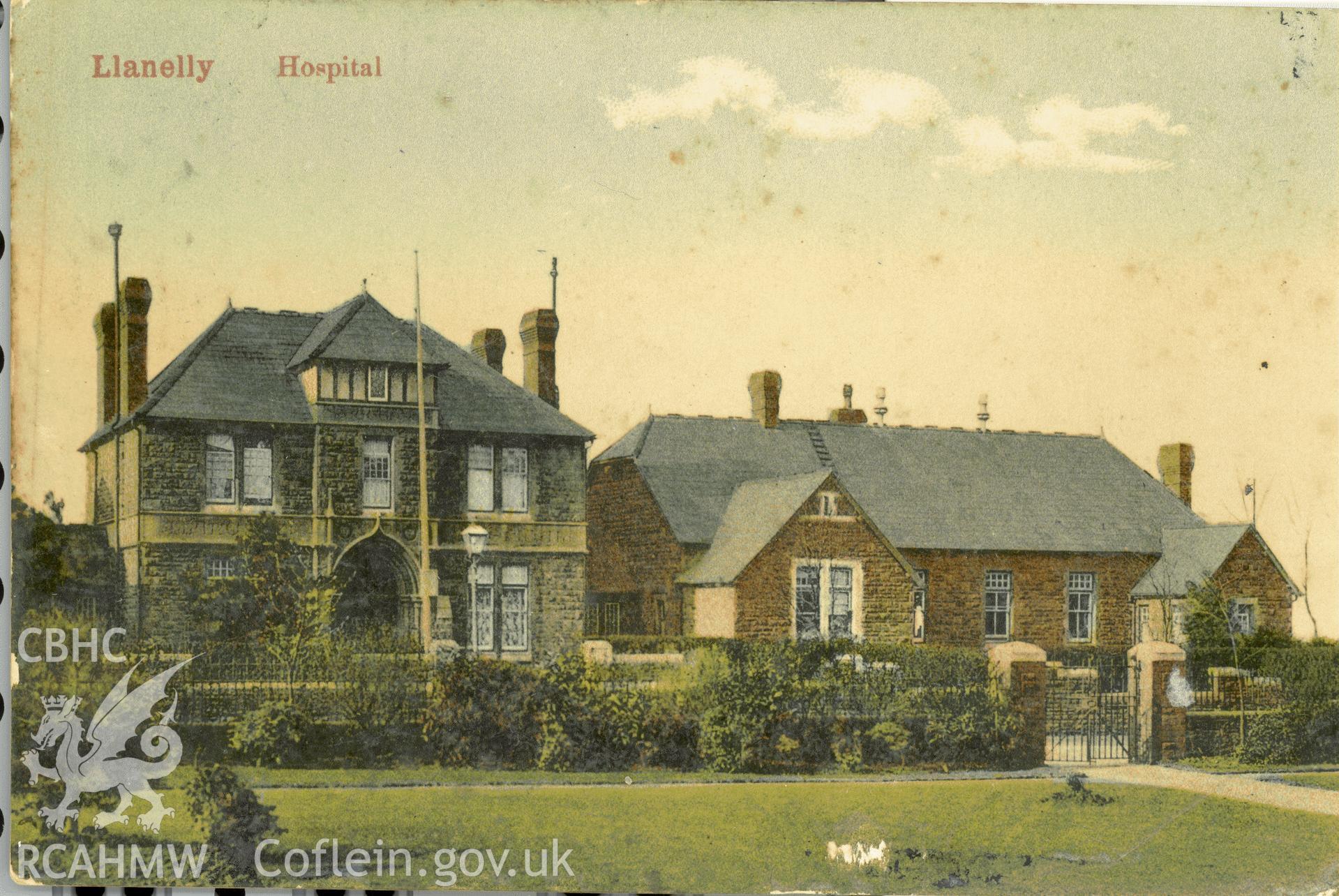 Digitised postcard image of Llanelli Hospital, Max Ettlinger & Co Ltd London. Produced by Parks and Gardens Data Services, from an original item in the Peter Davis Collection at Parks and Gardens UK. We hold only web-resolution images of this collection, suitable for viewing on screen and for research purposes only. We do not hold the original images, or publication quality scans.
