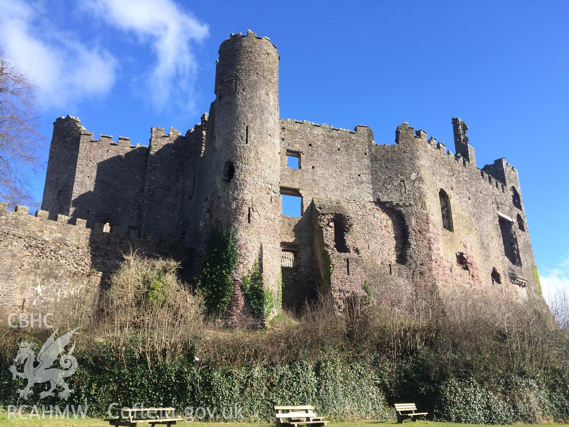 Colour photo showing Laugharne Castle, produced by Paul R. Davis,  10th March 2016.