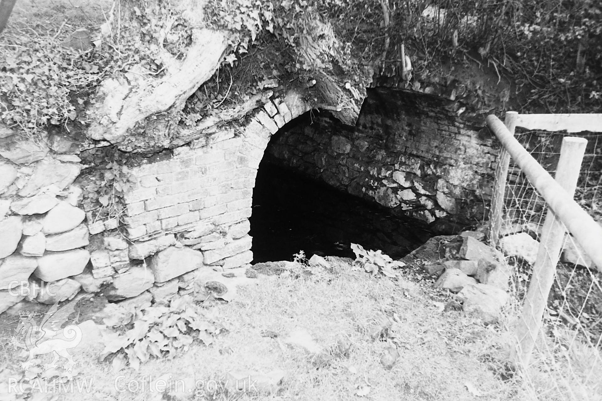 Black and white photo showing St Cynhafal's Well, taken by Paul R. Davis, undated.