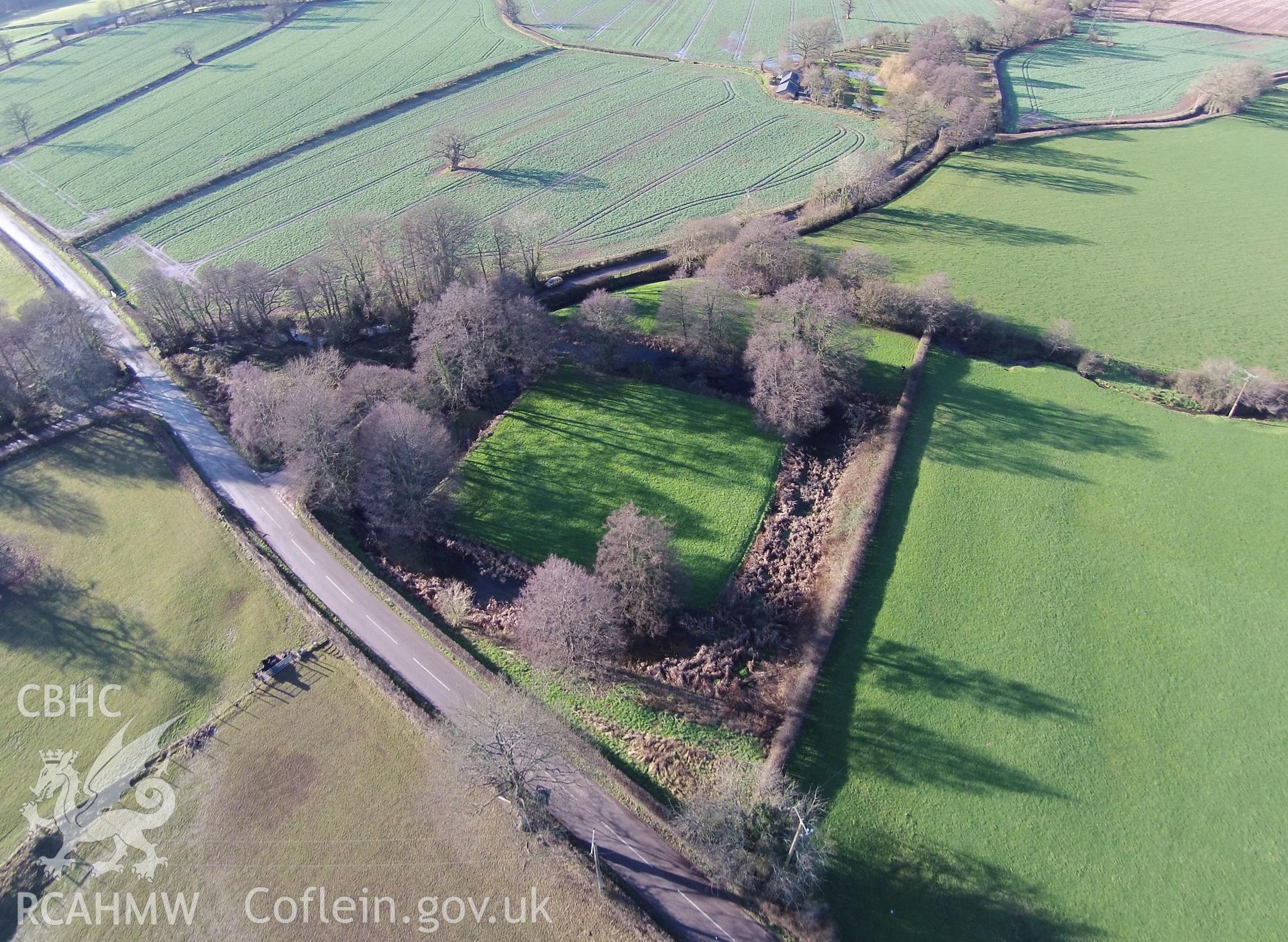 Colour aerial photo showing Hen Gwrt, taken by Paul R. Davis, 15th January 2016.