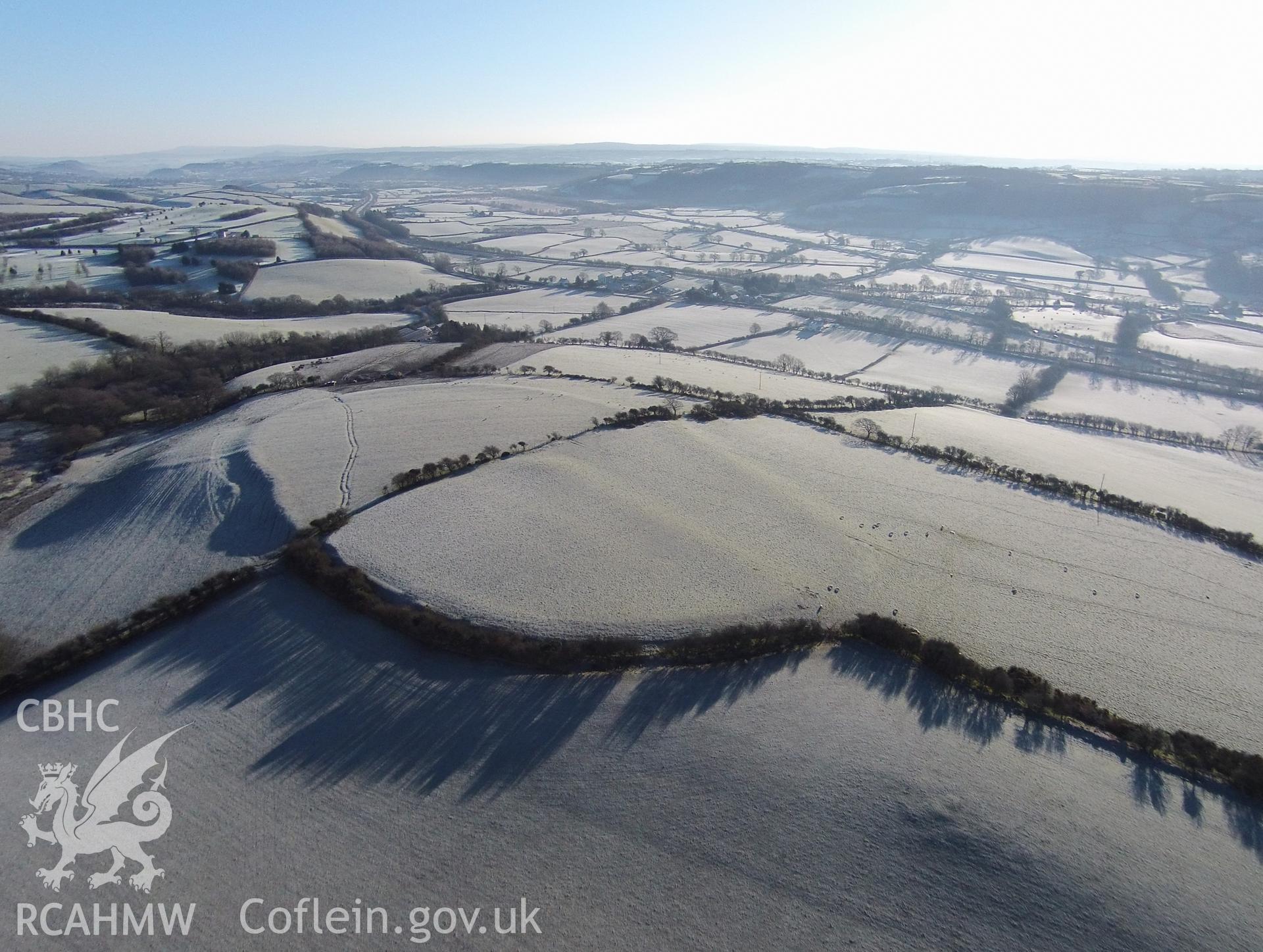 Colour aerial photo showing Castell Y Gaer, taken by Paul R. Davis, 20th January 2016.
