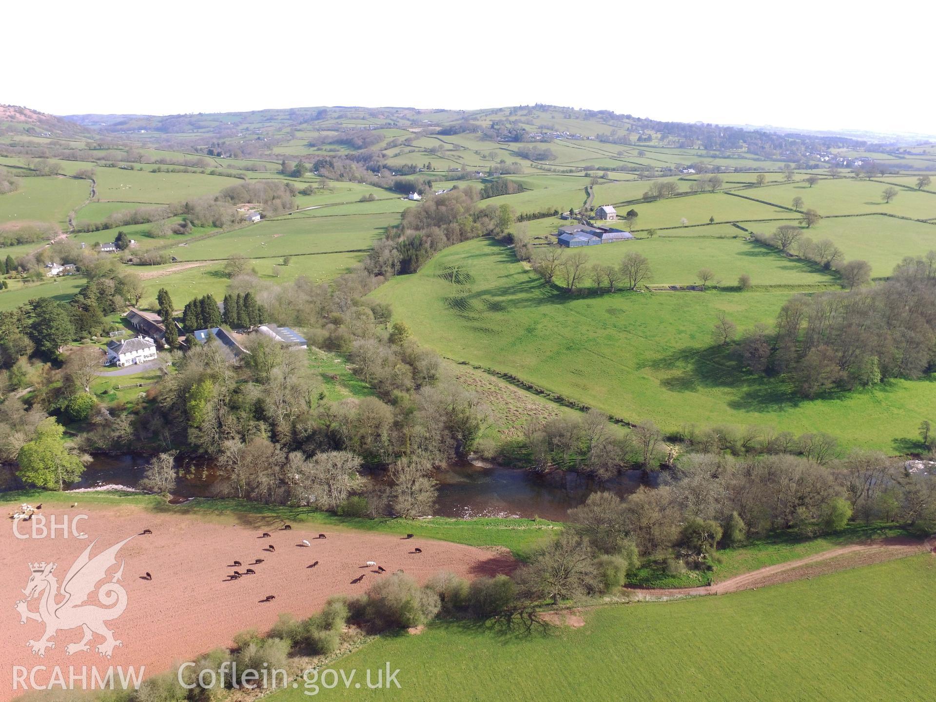 Colour aerial photo showing Brecon Gaer Roman Fort, taken by Paul R. Davis, 5th May 2016.