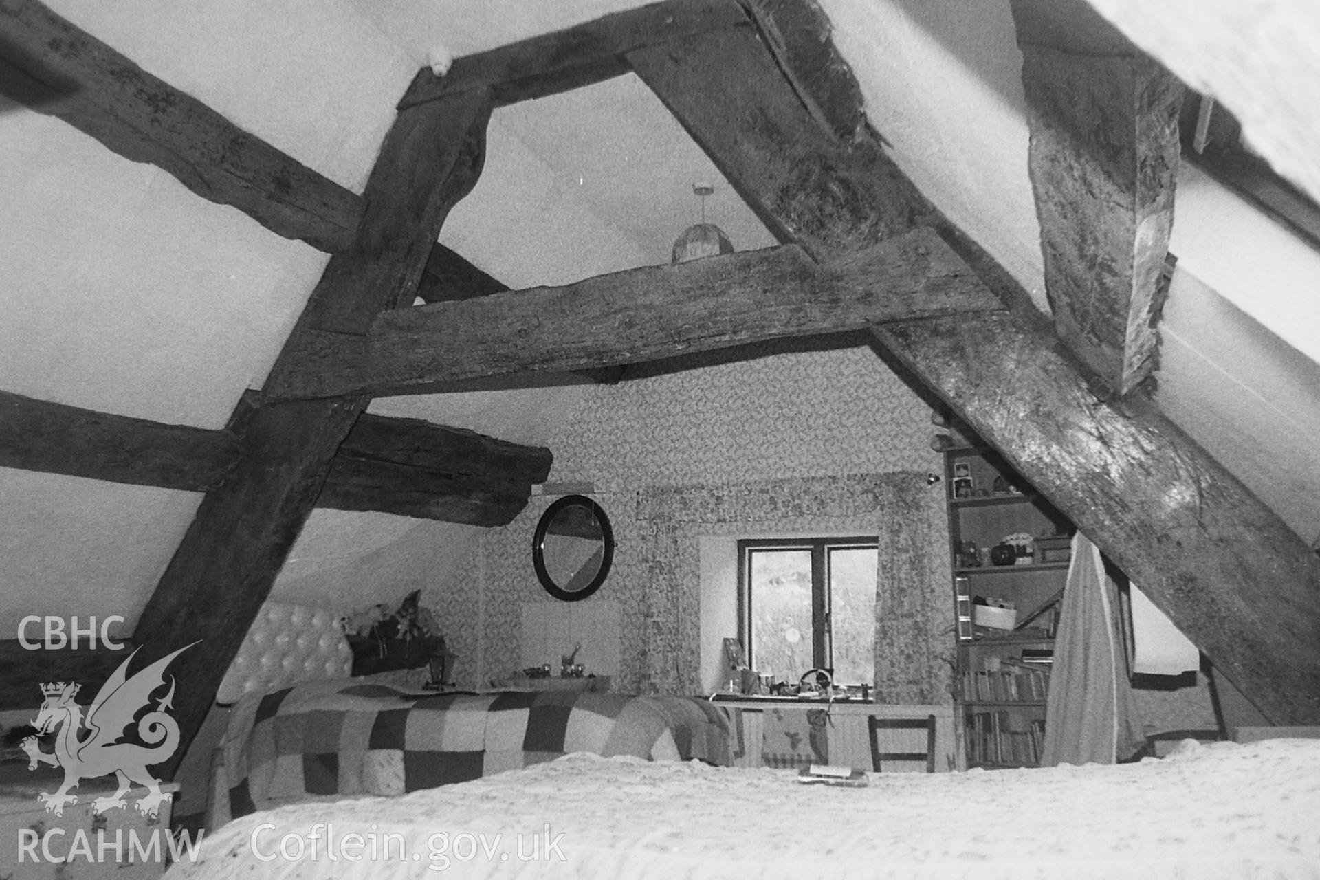 Black and white photo showing interior view of Chapel Farm, taken by Paul R. Davis, undated.