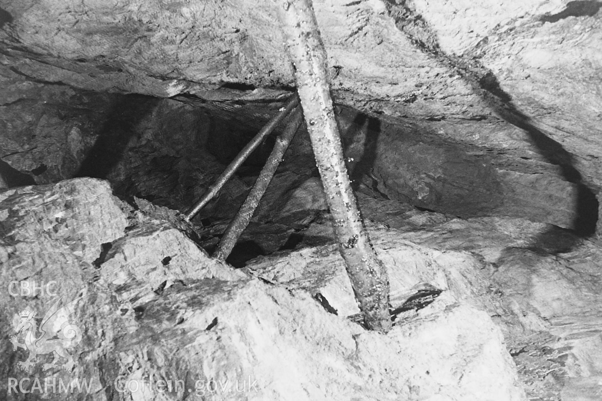 Black and white photo showing view of Llangunnor Lead Mines, taken by Paul R. Davis, 1984.