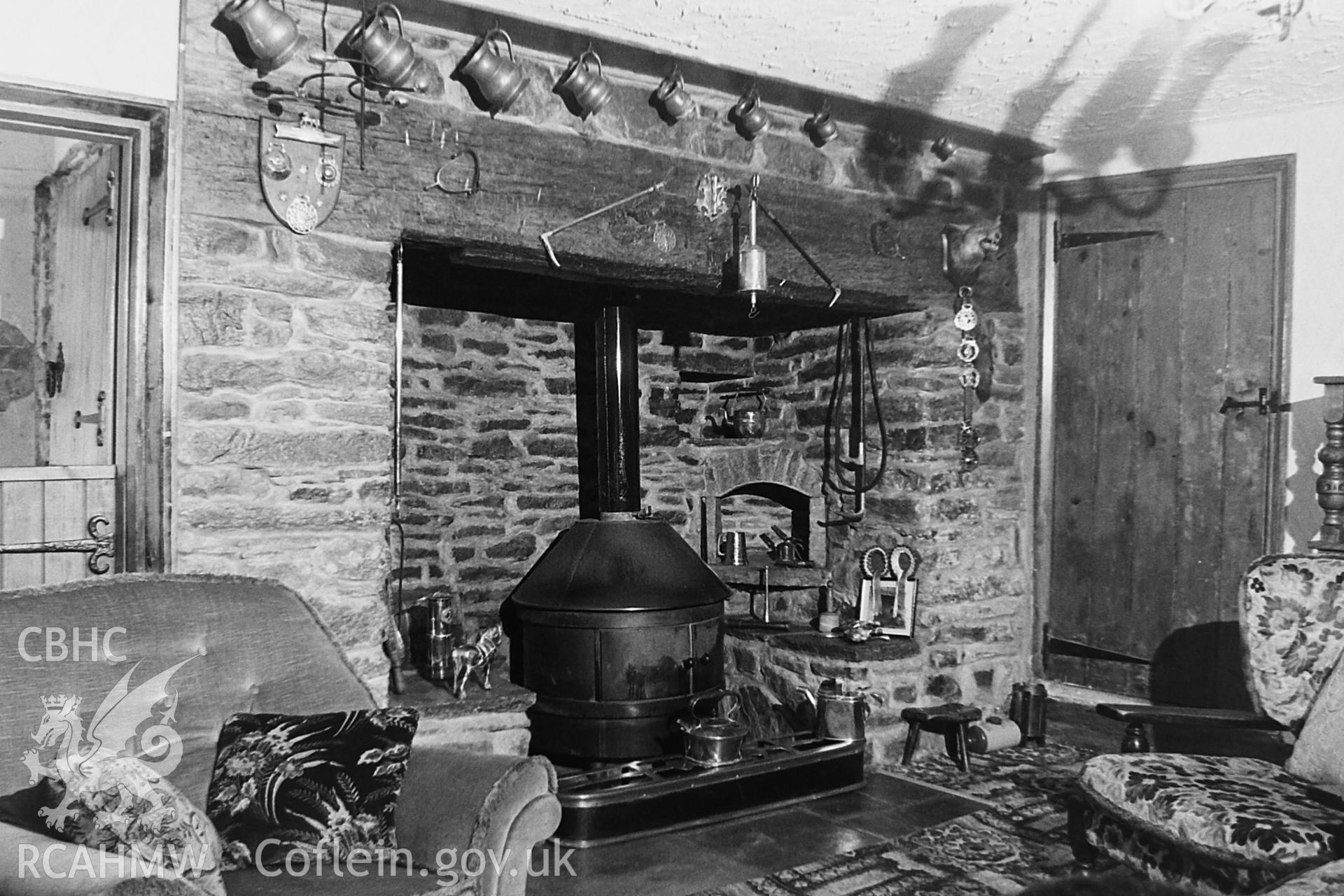 Black and white photo showing the fireplace at Glyncoli Farm, taken by Paul R. Davis, 1989.