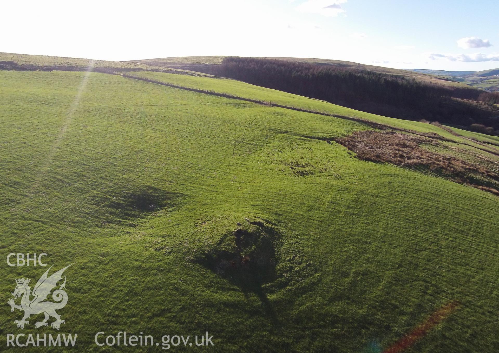 Colour aerial photo showing Mynydd y Gaer, taken by Paul R. Davis,  24th February 2016.
