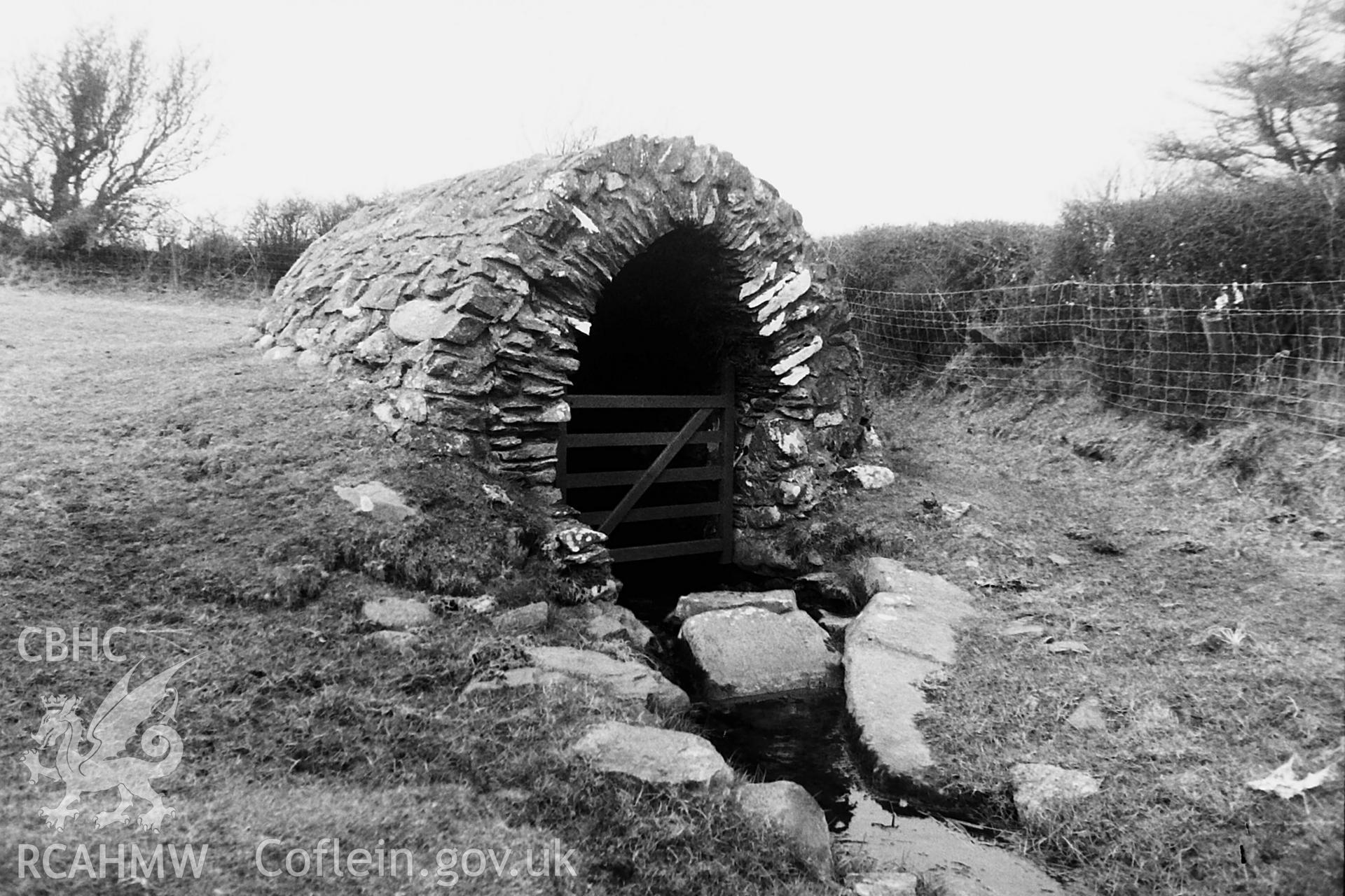 Black and white photo showing Llanllawer Well, taken by Paul R. Davis, undated.