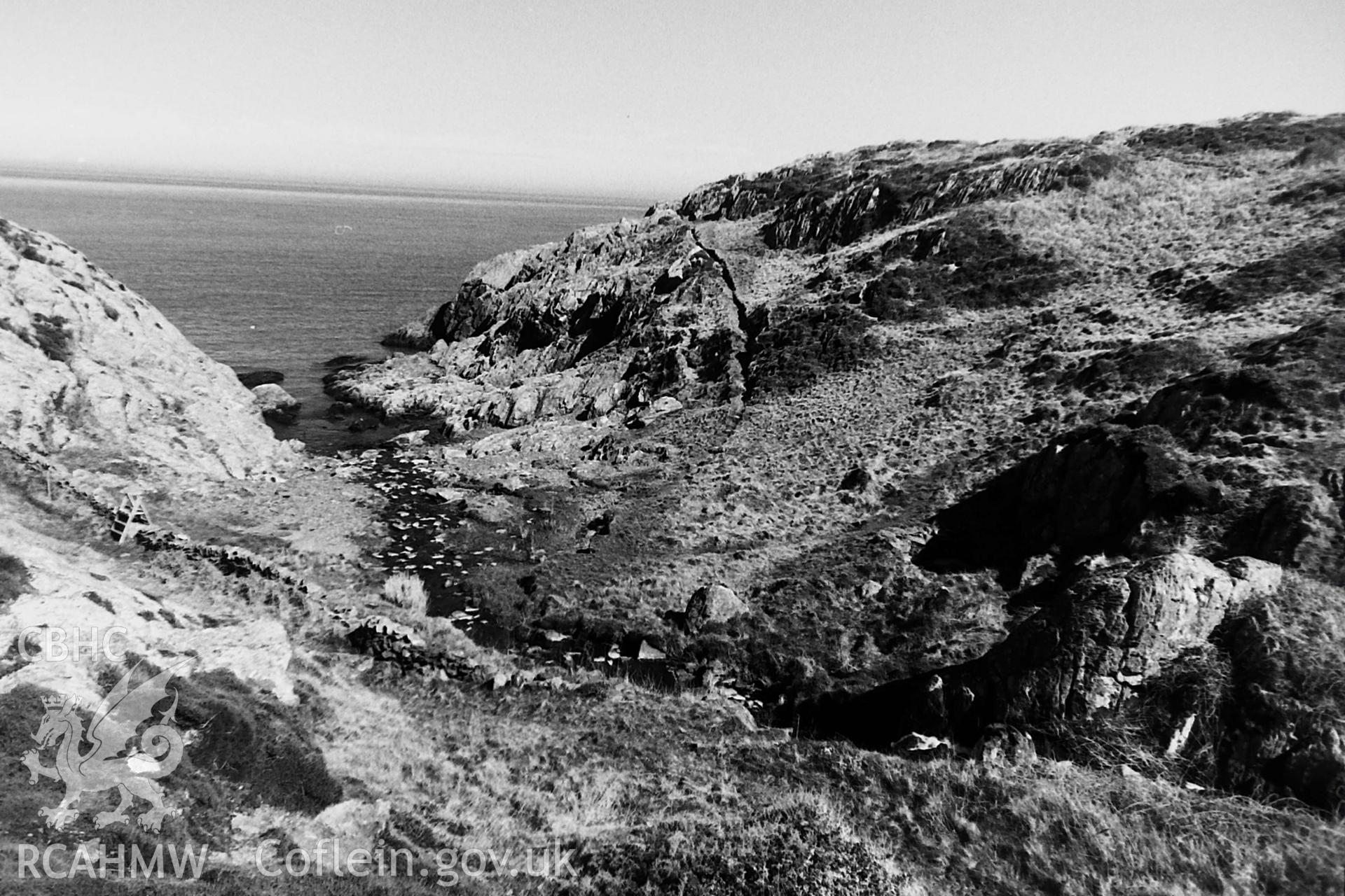 Black and white photo showing Ffynnon Eilian, taken by Paul R. Davis, undated.