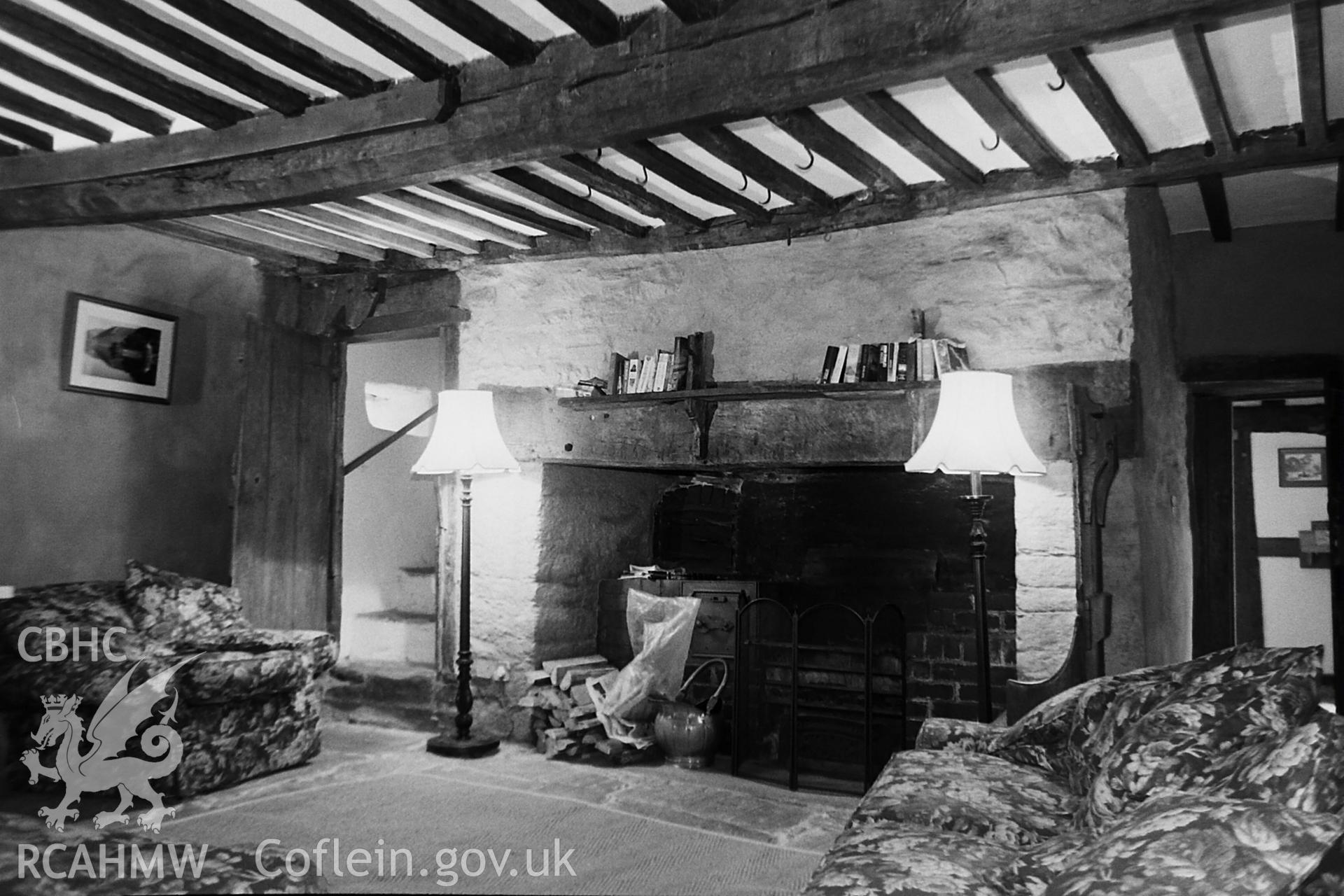 Black and white photo showing interior view of Llanerch y Cawr, taken by Paul R. Davis, 2000.