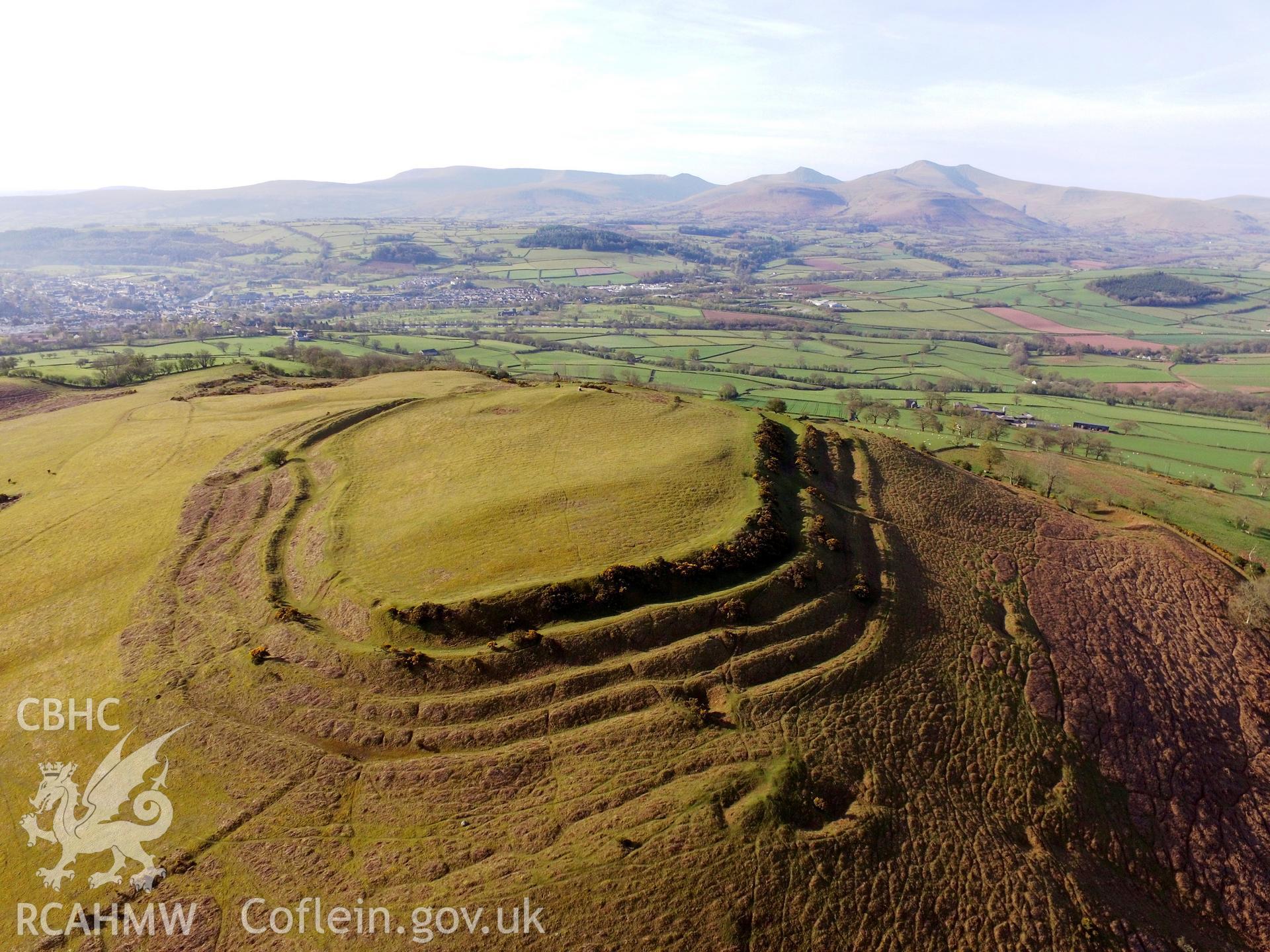 Colour aerial photo showing Pen y Crug, taken by Paul R. Davis,  5th May 2016.