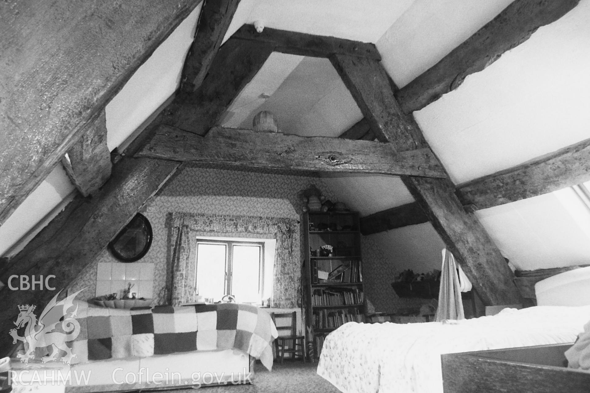 Black and white photo showing interior view of Chapel Farm, taken by Paul R. Davis, undated.