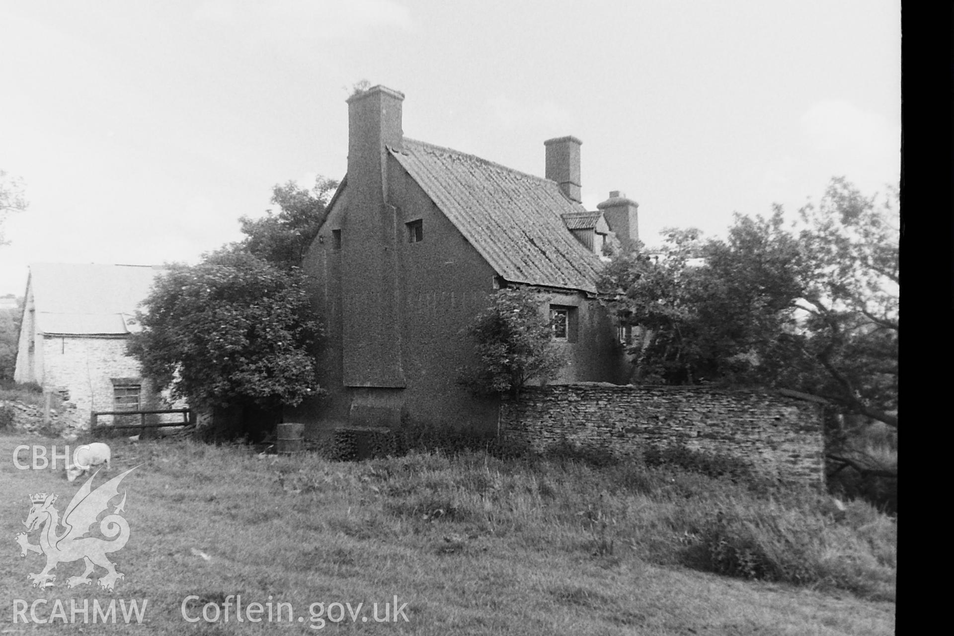 Black and white photo showing exterior view of Gelli Dywyll, Argoed  taken by Paul R. Davis prior to restoration.