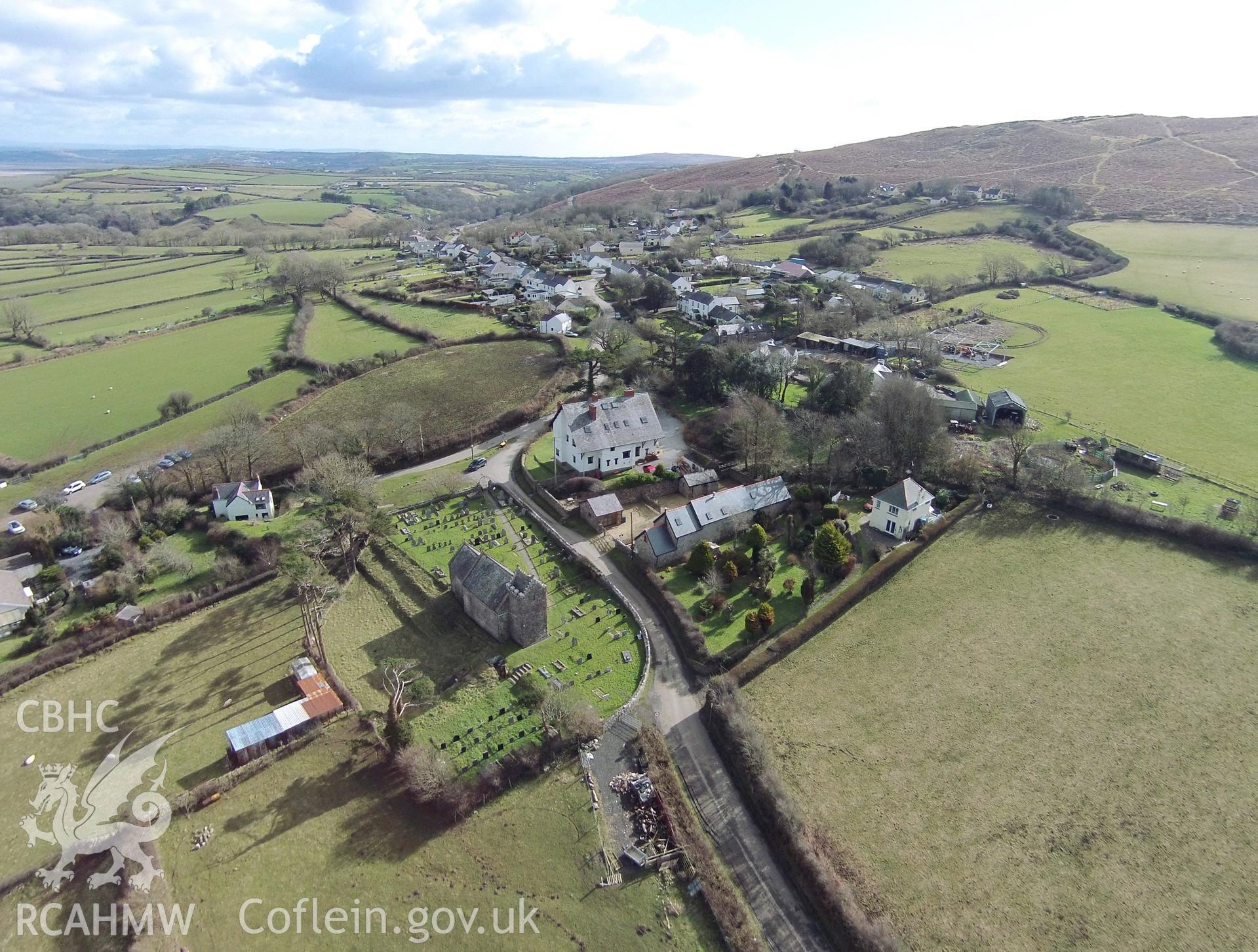 Colour aerial photo showing Llanmadoc, taken by Paul R. Davis,  5th March 2016.
