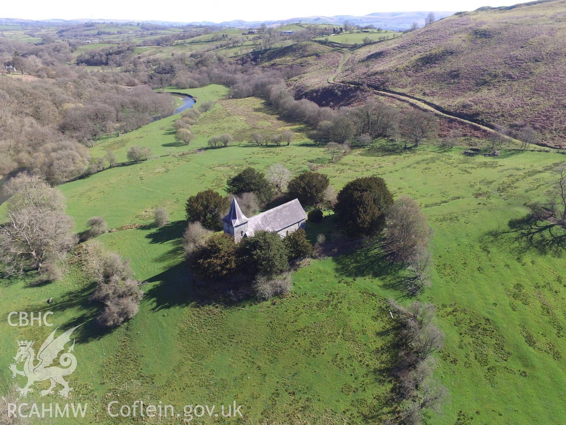 Colour aerial photo showing Cefnllys Church, taken by Paul R. Davis, 17th April 2016.
