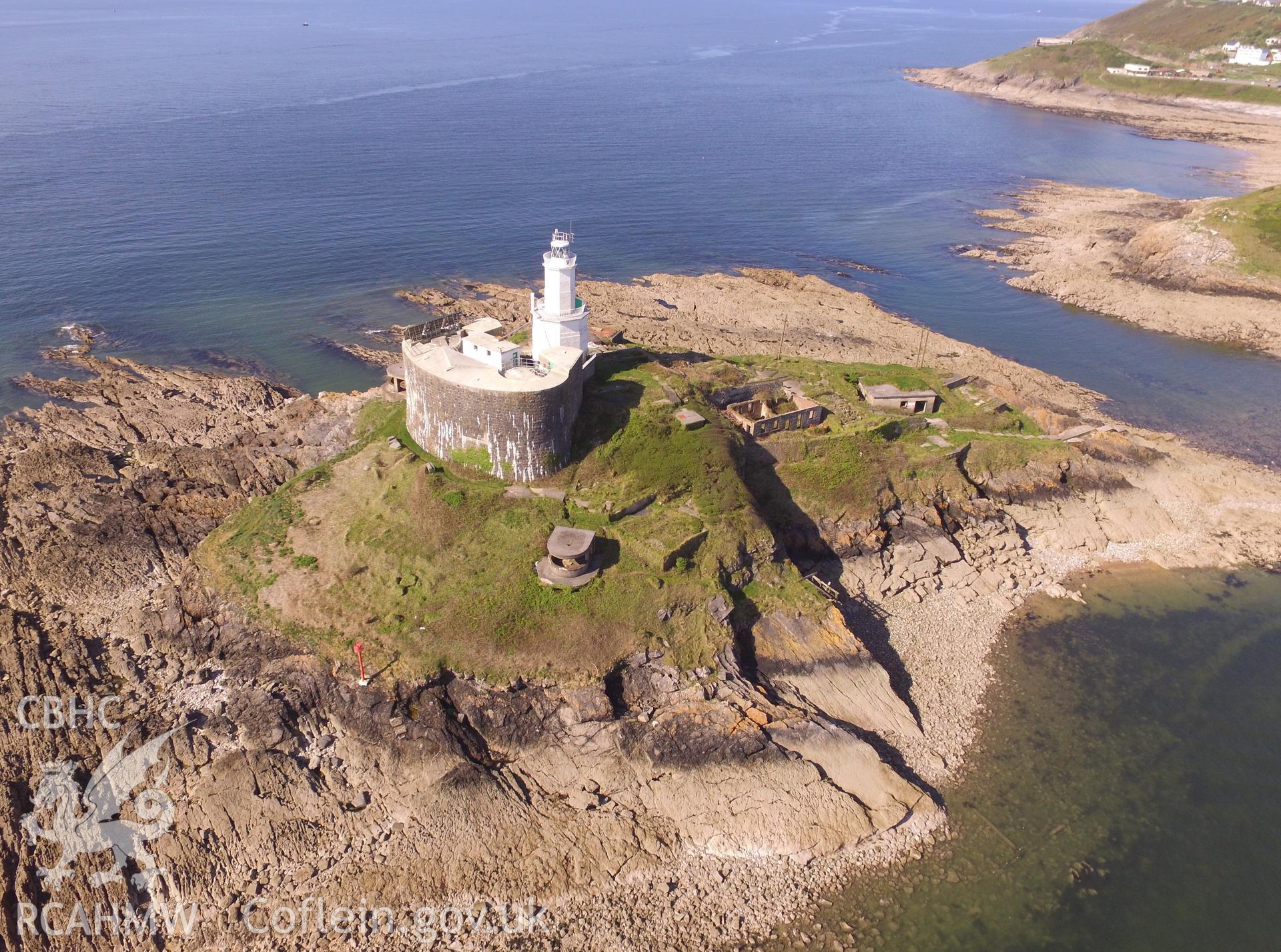 Colour aerial photo showing Mumbles Lighthouse, taken by Paul R. Davis,  15th May 2016.