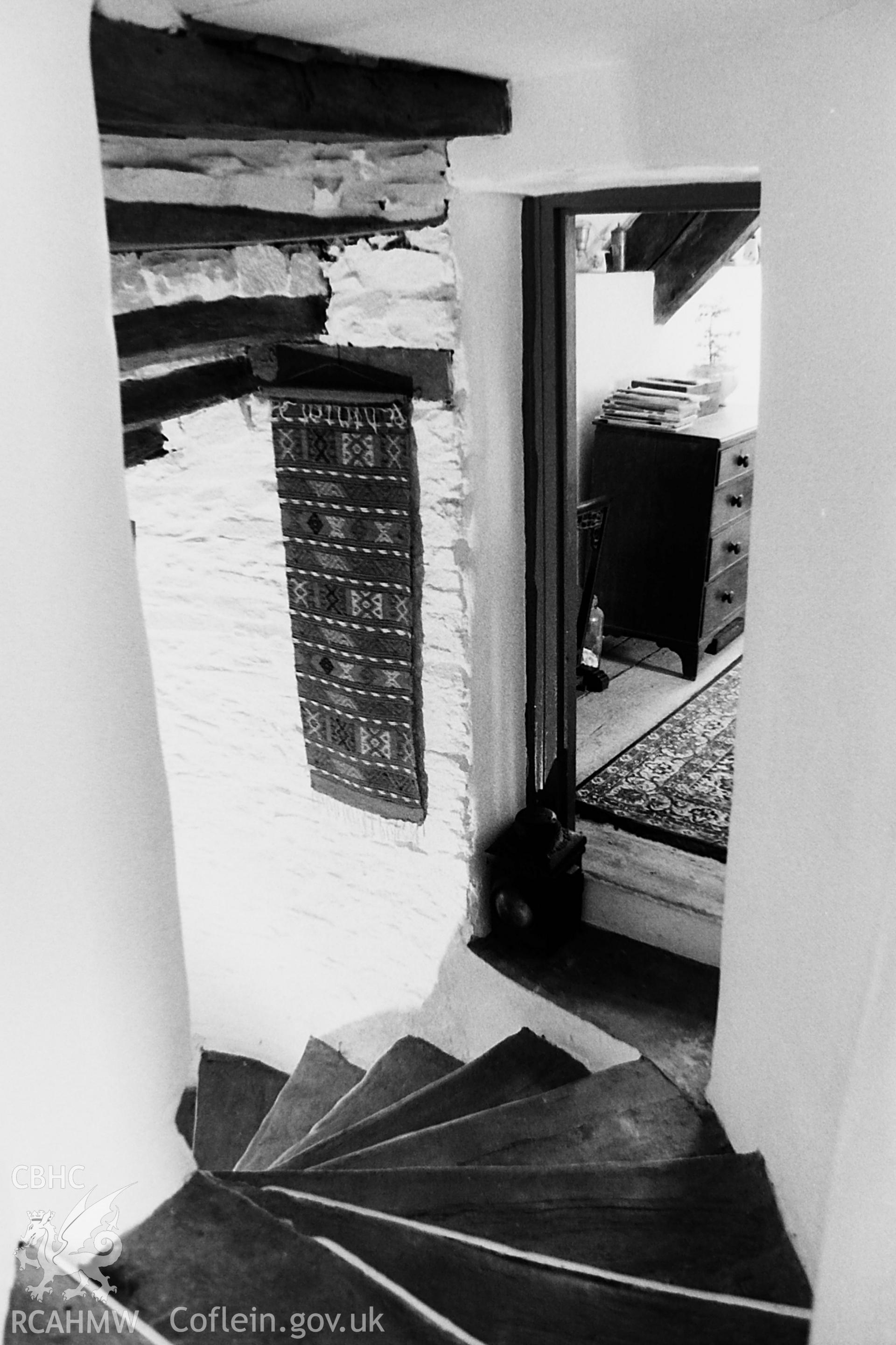 Black and white photo showing staircase at  Troedrhiw-trwyn, Trehafod, taken by Paul R. Davis, 1988.