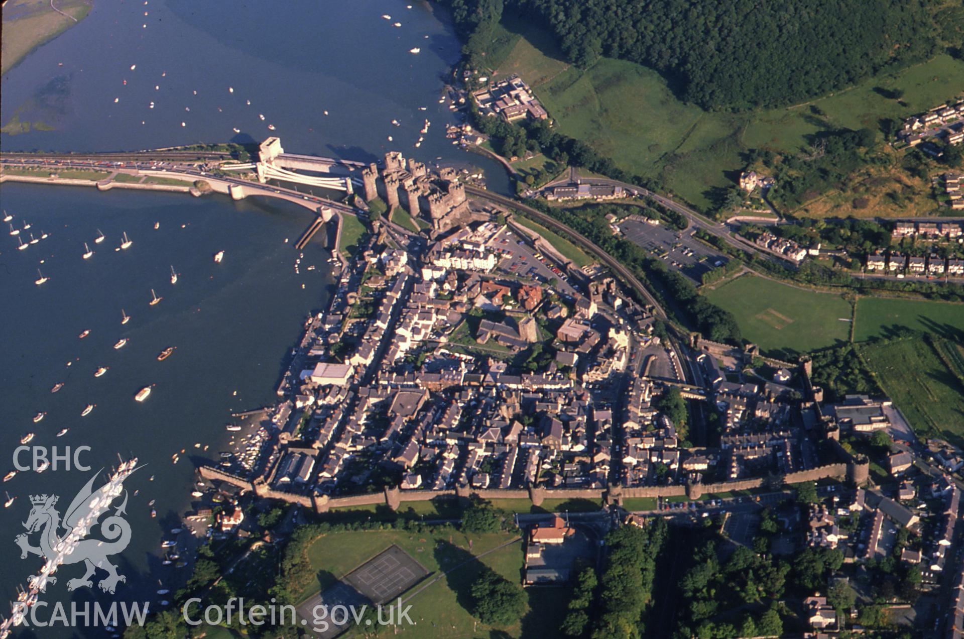RCAHMW colour slide oblique aerial photograph of Conwy, taken by CR Musson on 01/01/88