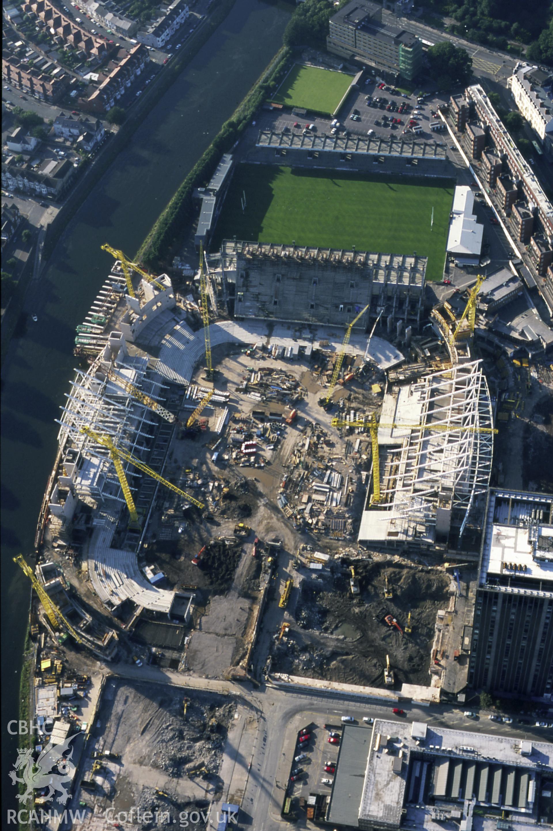 RCAHMW colour slide oblique aerial photograph of the Millennium Stadium in Cardiff, taken on 05/08/1998 by Toby Driver