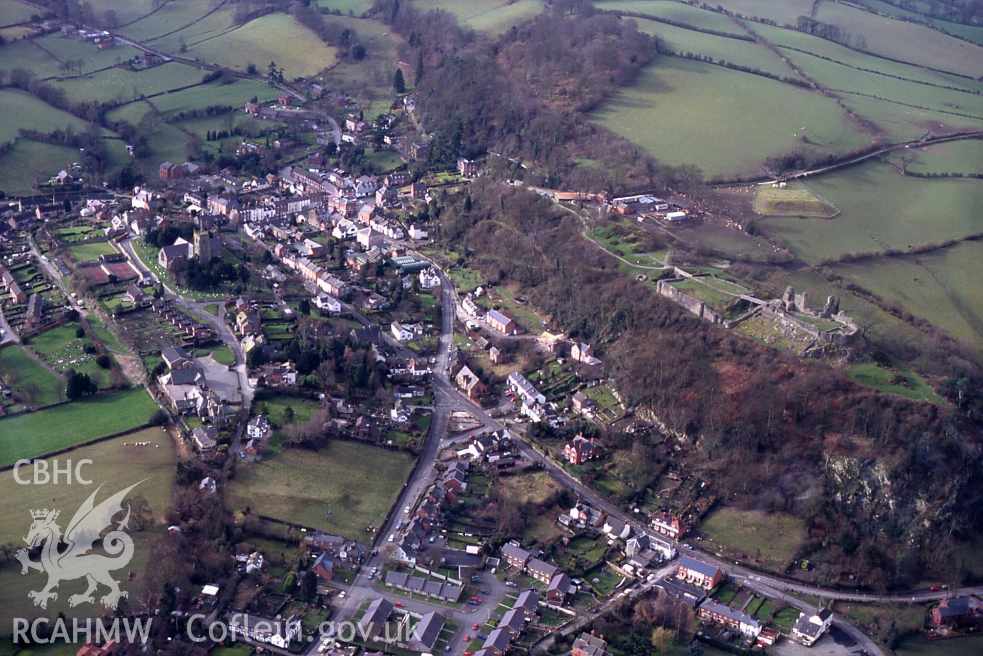 Slide of RCAHMW colour oblique aerial photograph of Montgomery, taken by C.R. Musson, 14/3/1999.