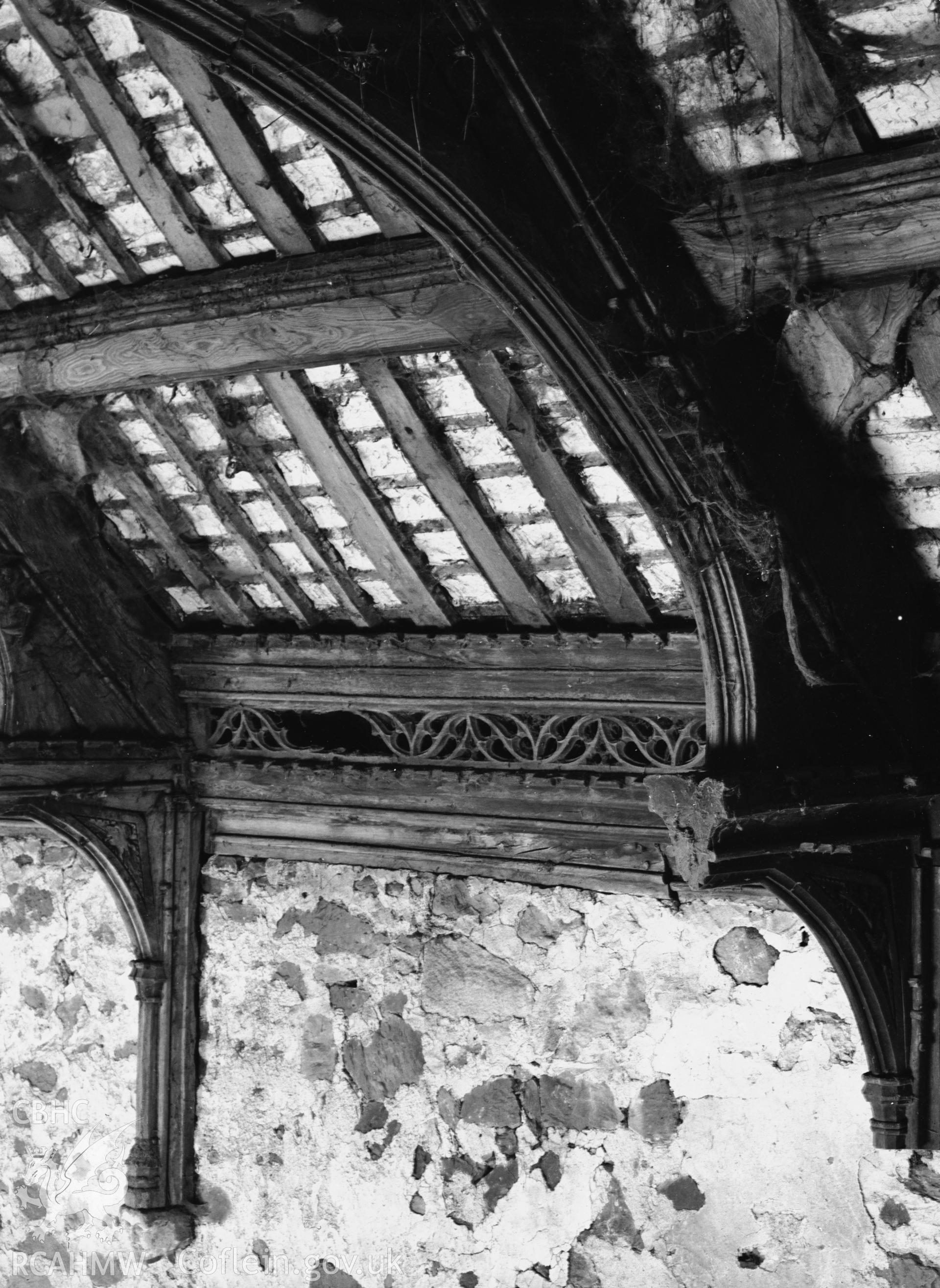 Interior view showing detail of the roof and pierced cornice.