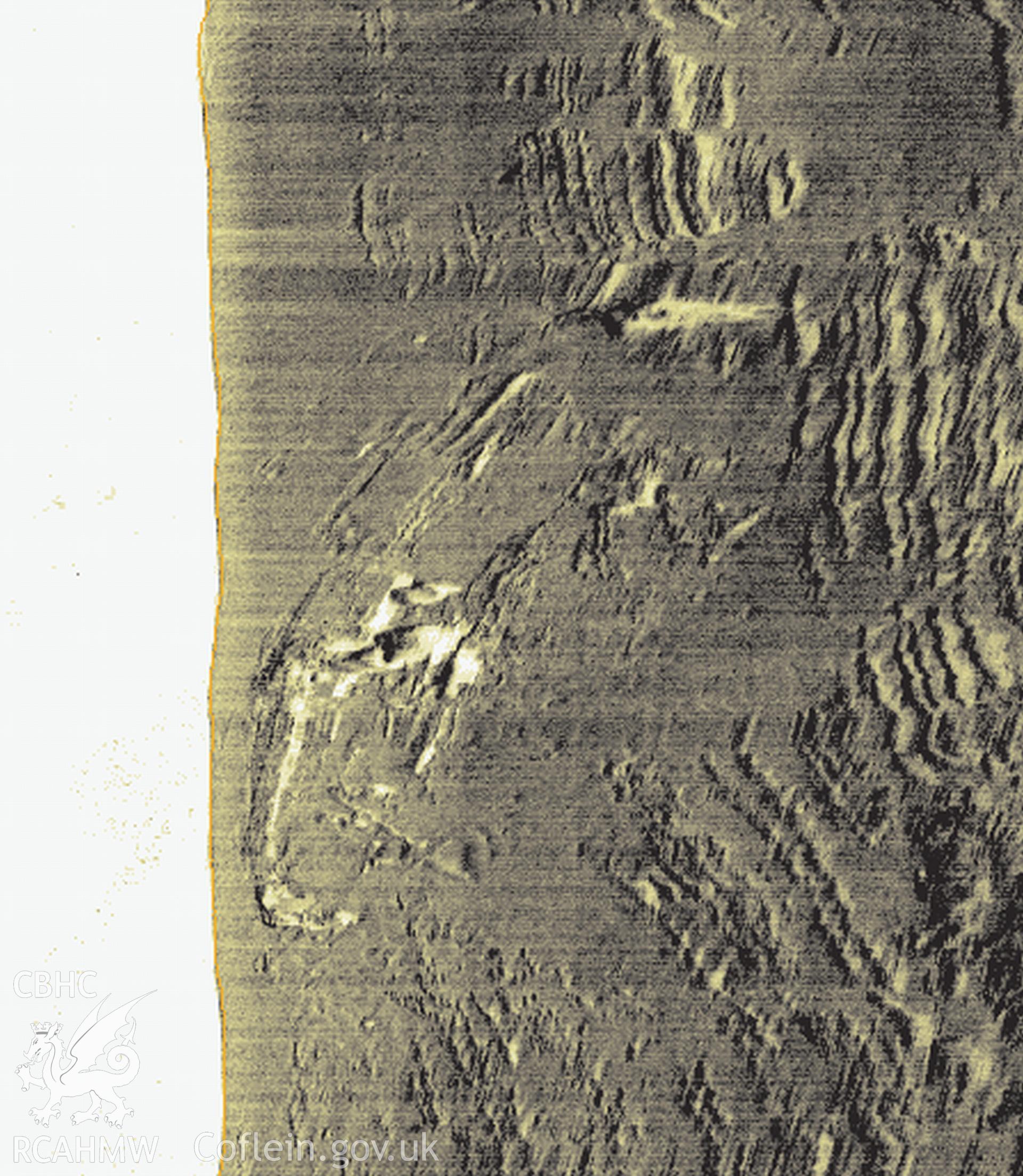 Side scan sonar image of the St Jacques gathered by Wessex Archaeology  and published in Wrecks off the Coast of Wales, November 2010, Report Ref No : 53111.02, fig 11 B.7021. The wrecks lies on a sandy seabed.
