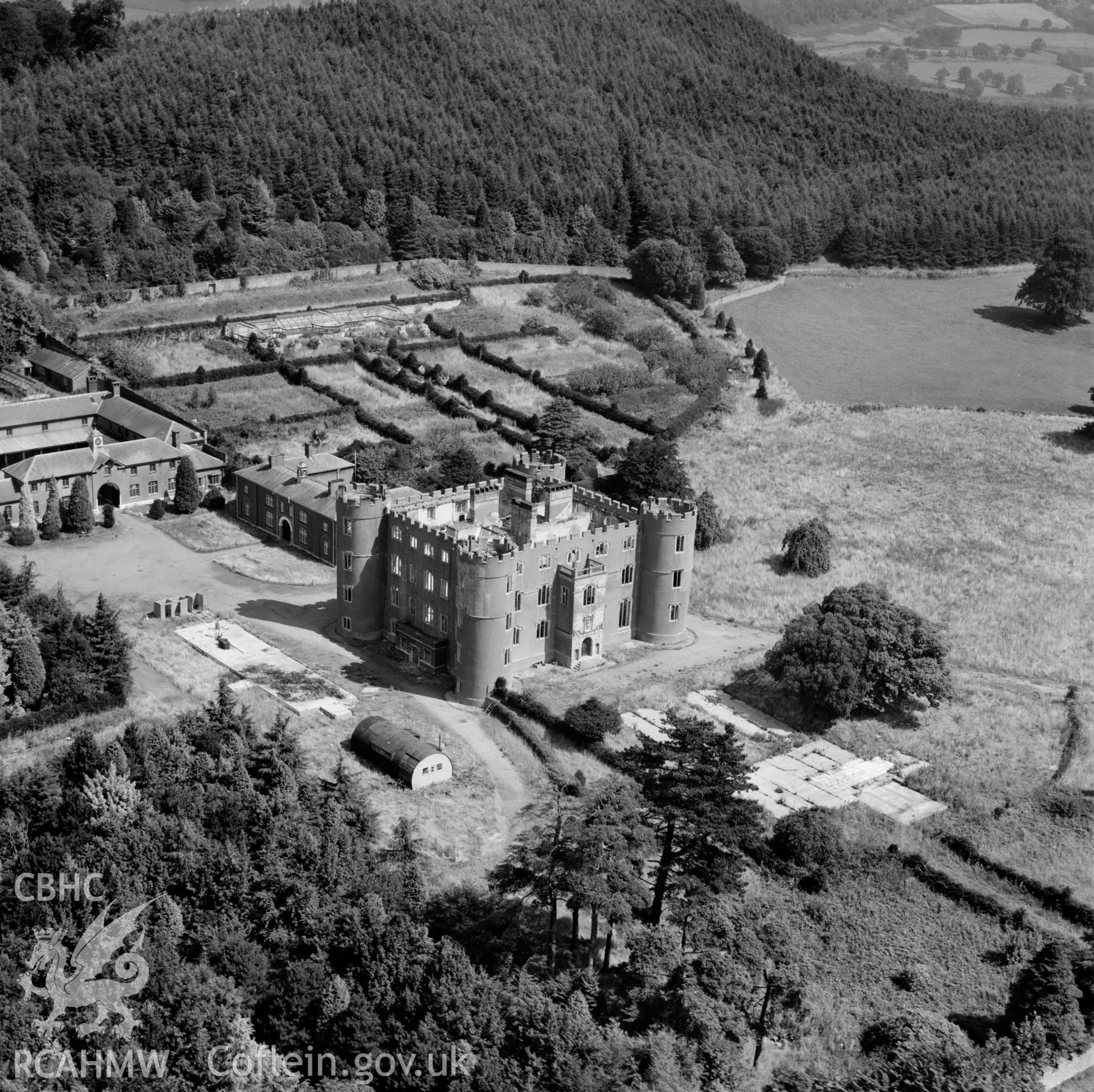 View of Ruperra castle showing damage caused by the fire in 1942 and wartime structures