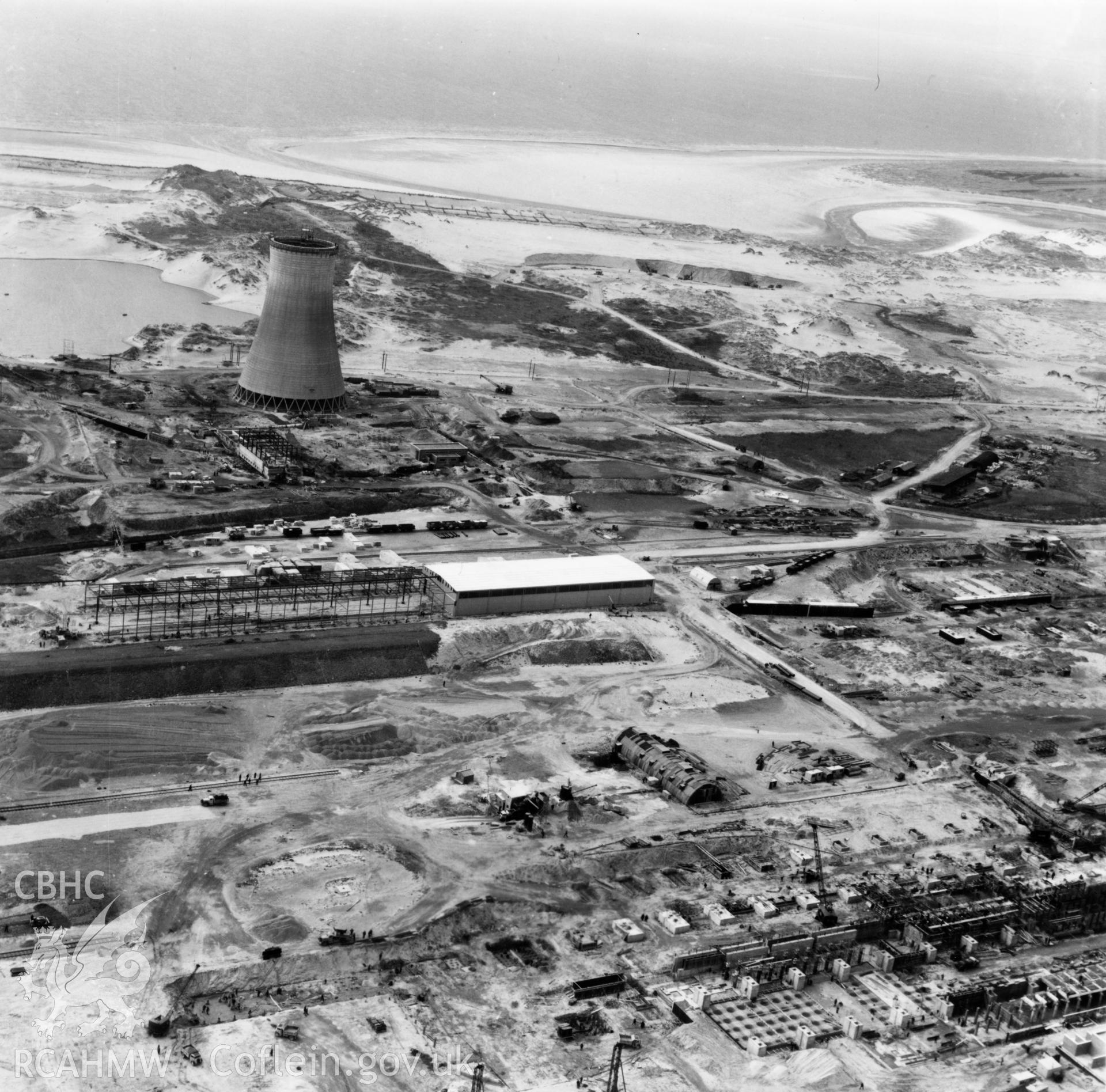 View of Abbey Steelworks, Port Talbot, under construction, showing cooling tower. Oblique aerial photograph, 5?" cut roll film.