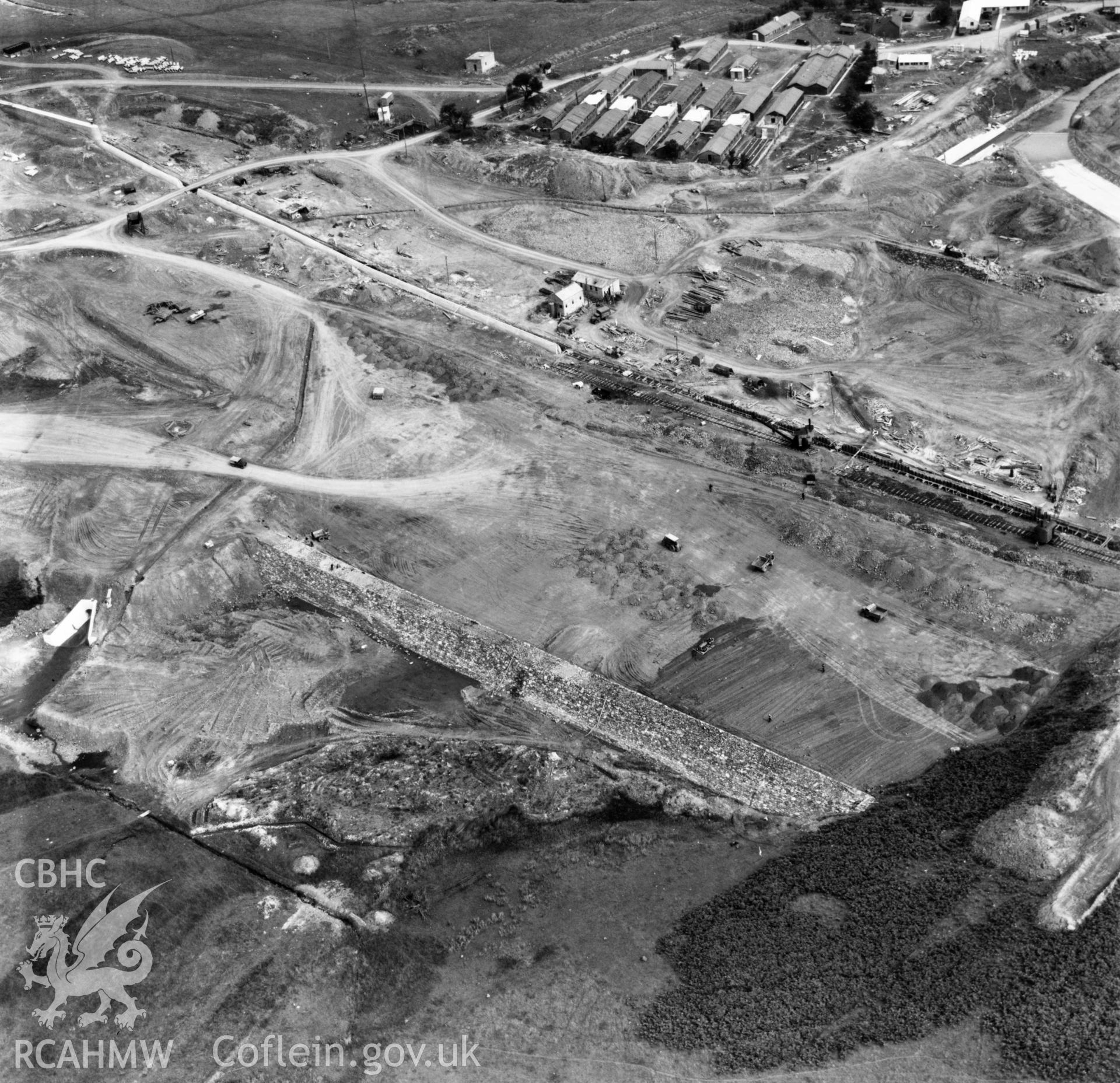 View of site during the construction of Usk Reservoir. Oblique aerial photograph, 5?" cut roll film.