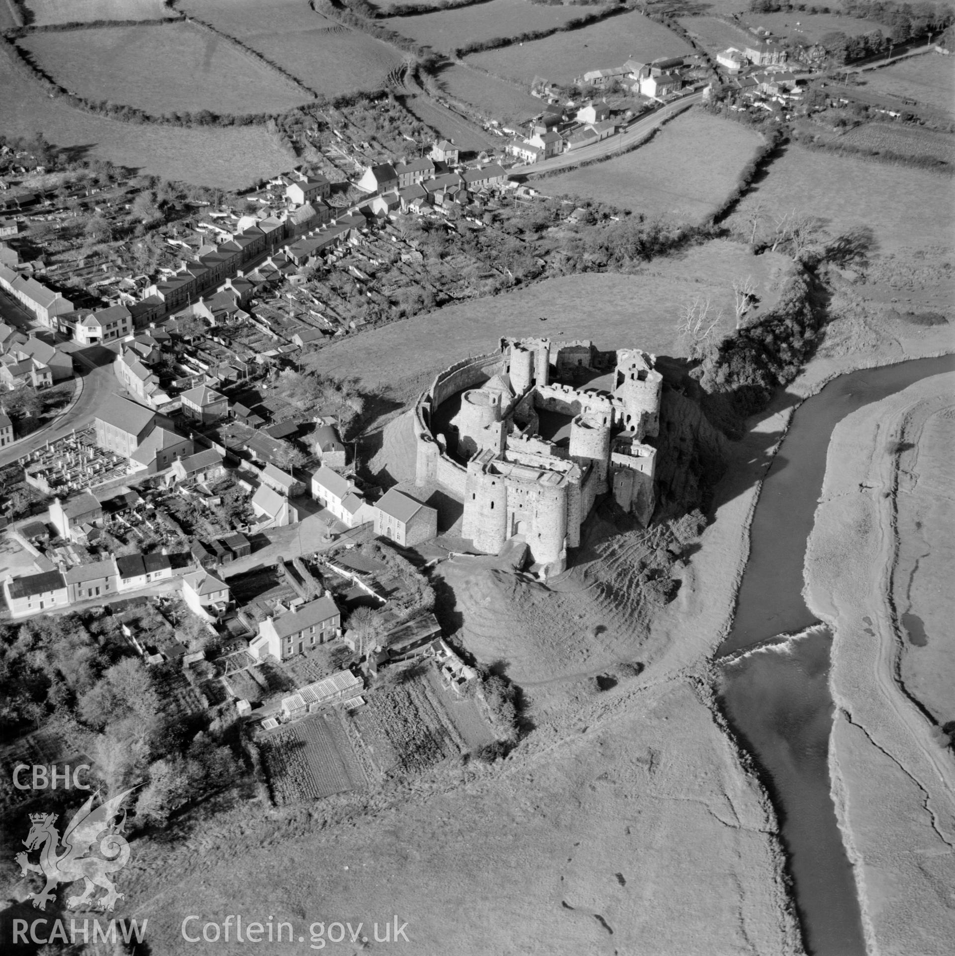 View of Kidwelly showing castle walled borough