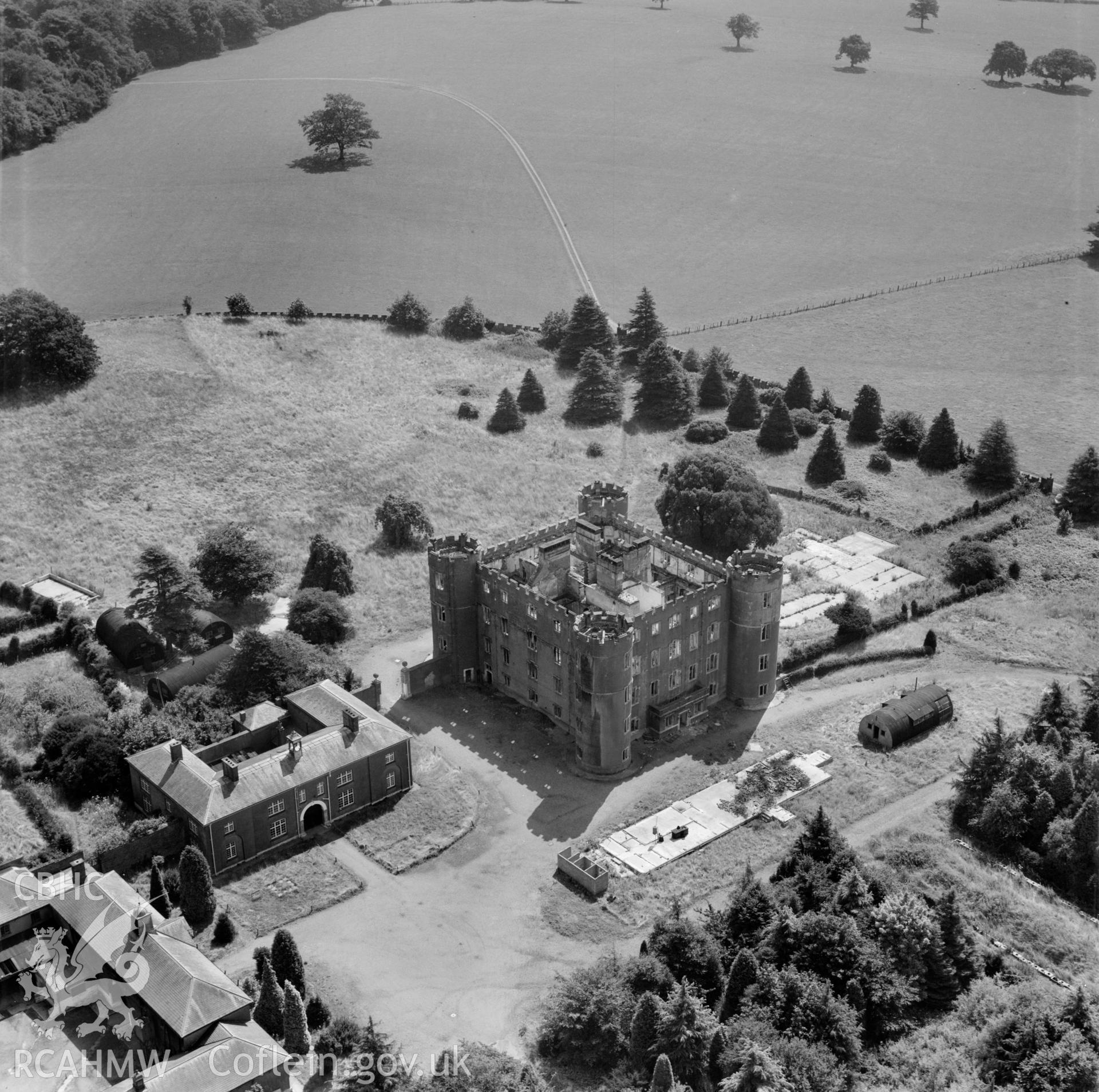 View of Ruperra castle showing damage caused by the fire in 1942 and wartime structures