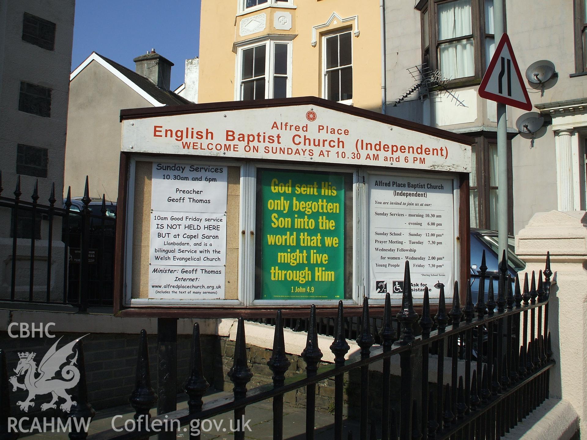 Colour digital photograph showing the sign outside the English Baptist Church, Alfred Place, Aberystwyth.