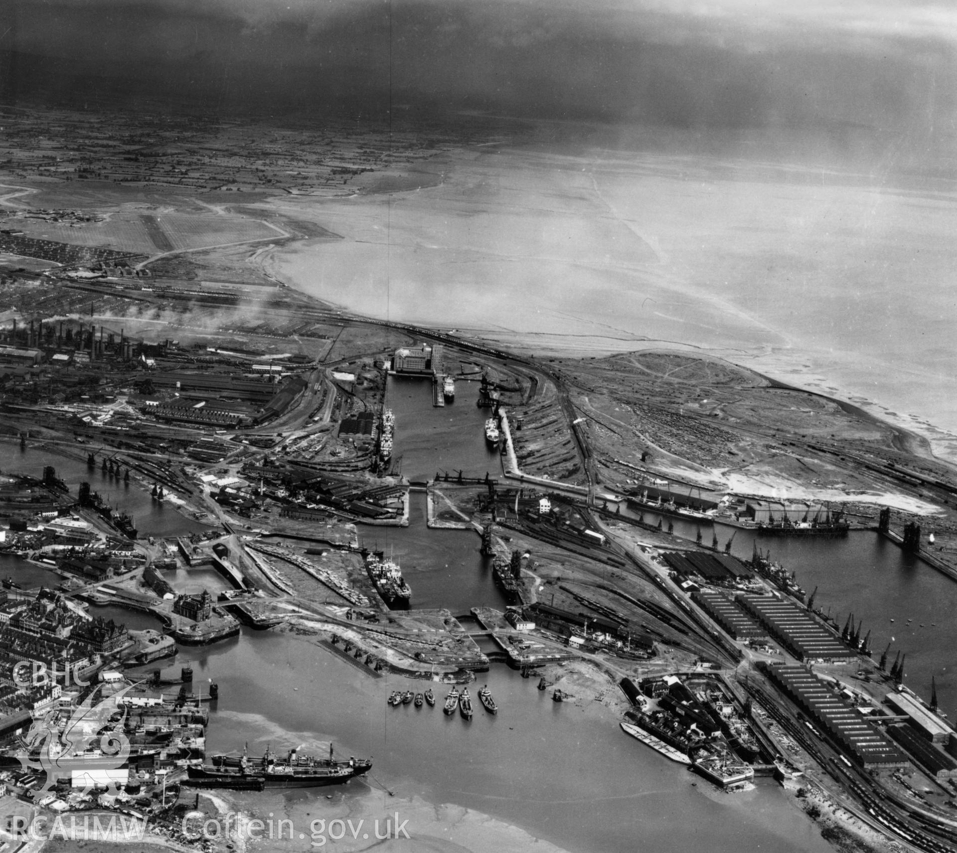 View of Cardiff docks from the west. Oblique aerial photograph, 5?" cut roll film.