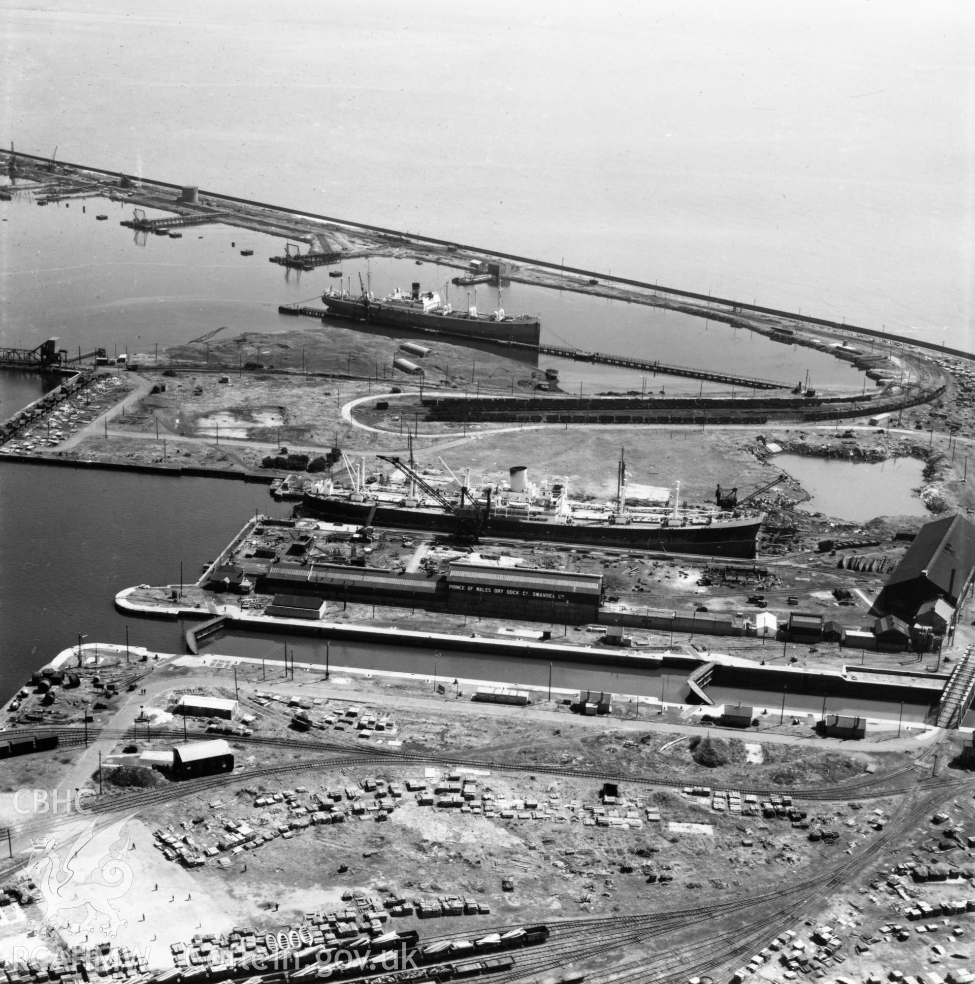 View of Palmers dry dock, Prince of Wales Dry Dock Co. Ltd., Swansea. Oblique aerial photograph, 5?" cut roll film.