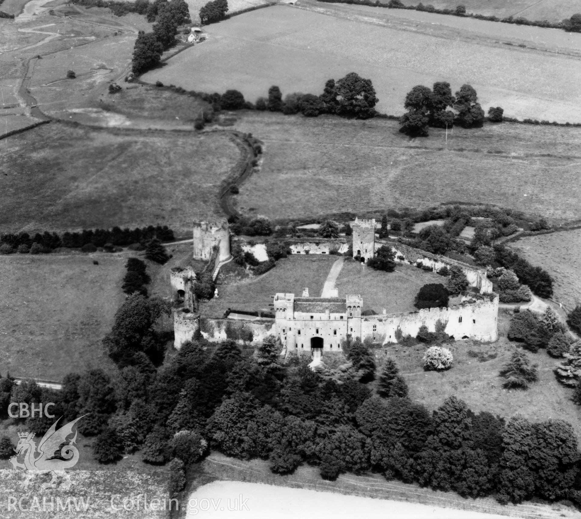 View of Caldicot Castle. Oblique aerial photograph, 5?" cut roll film.