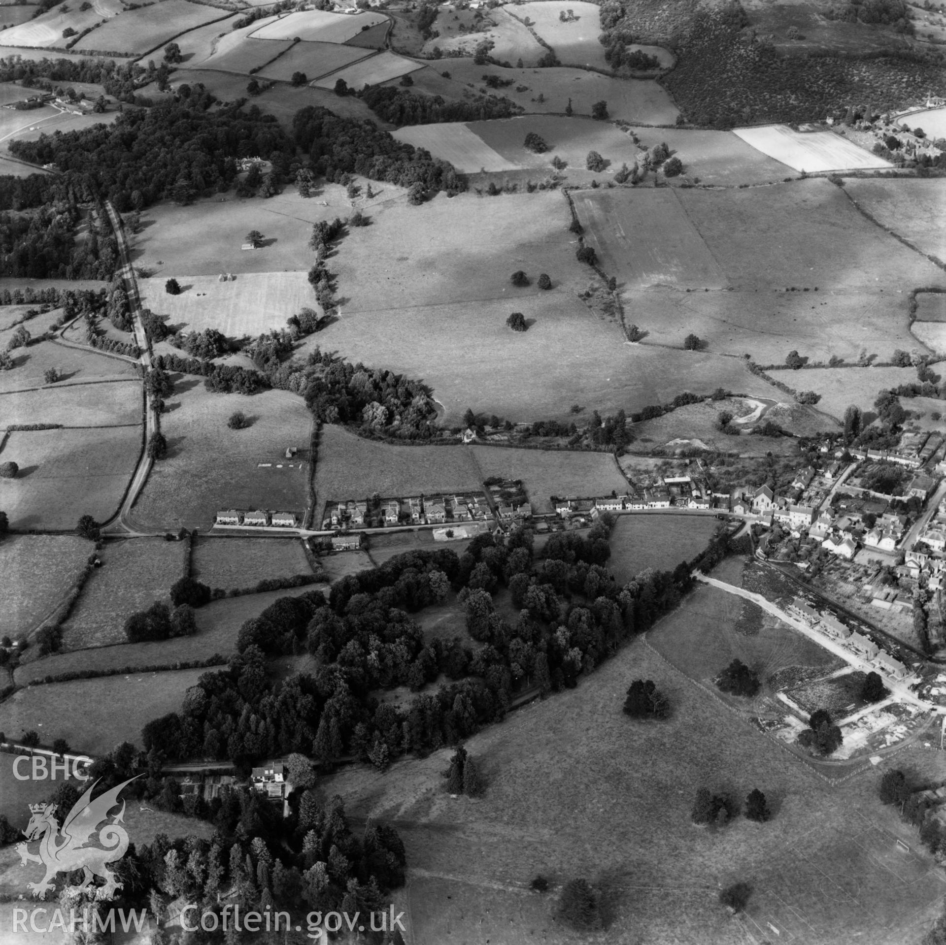 View of northeast area of Presteigne, commissioned by Lord Renner. Oblique aerial photograph, 5?" cut roll film.