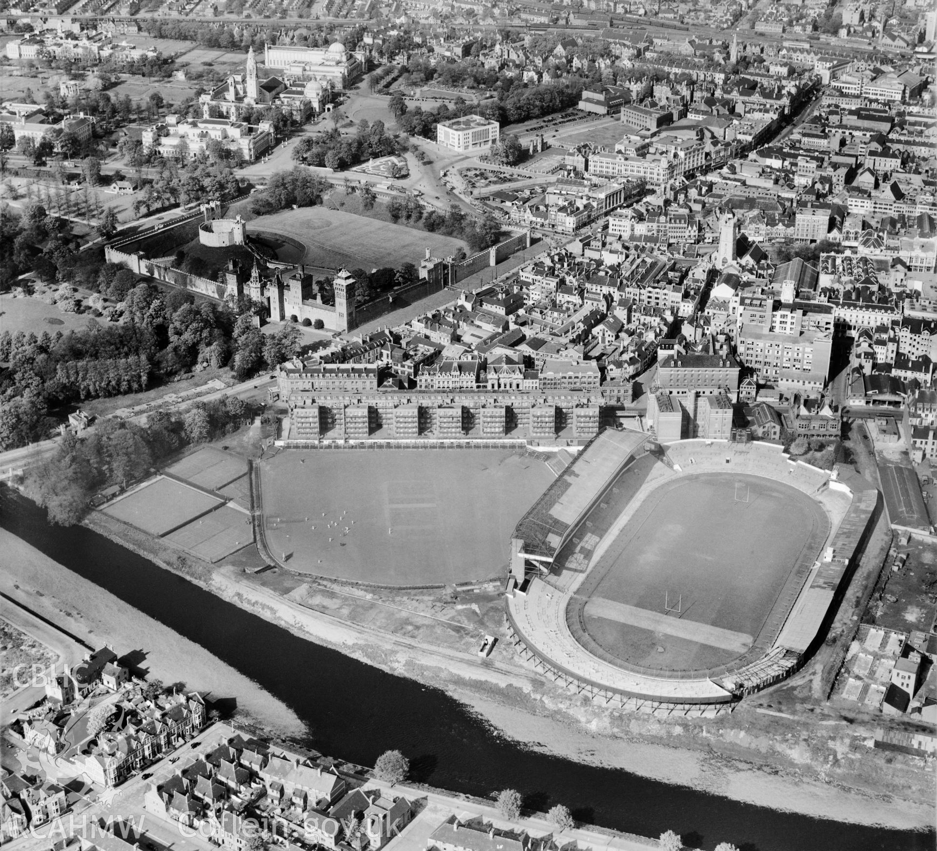 View of Cardiff showing Arms Park and football ground