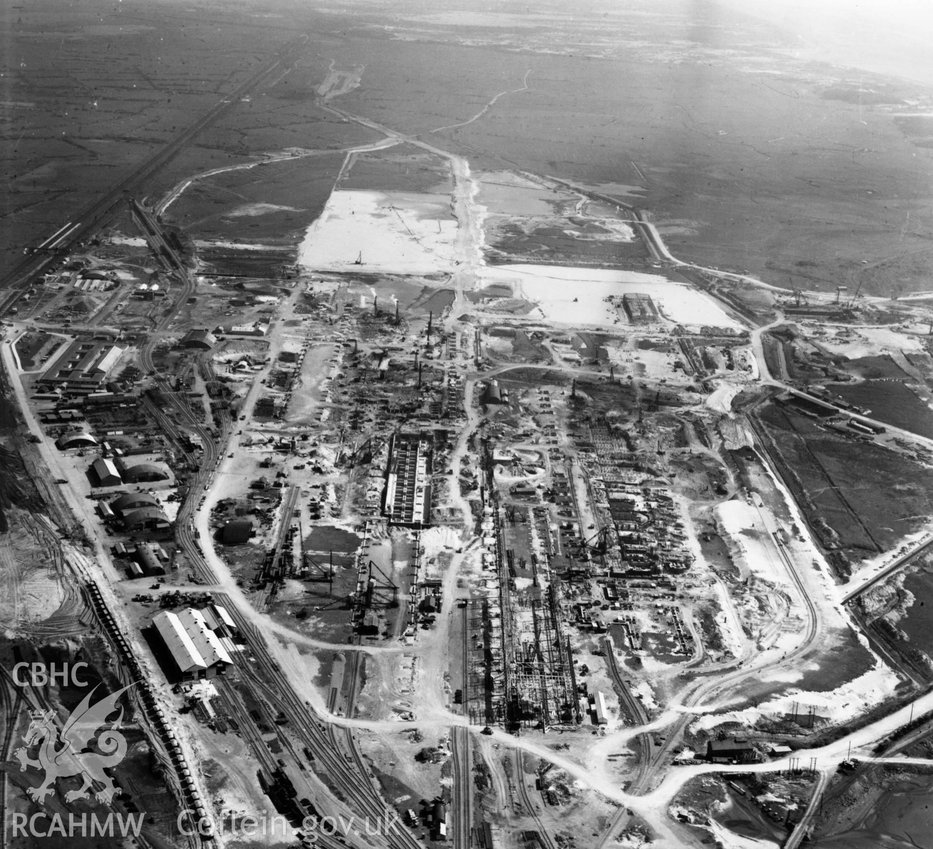 General view of Abbey Steelworks, Port Talbot, under construction. Oblique aerial photograph, 5?" cut roll film.