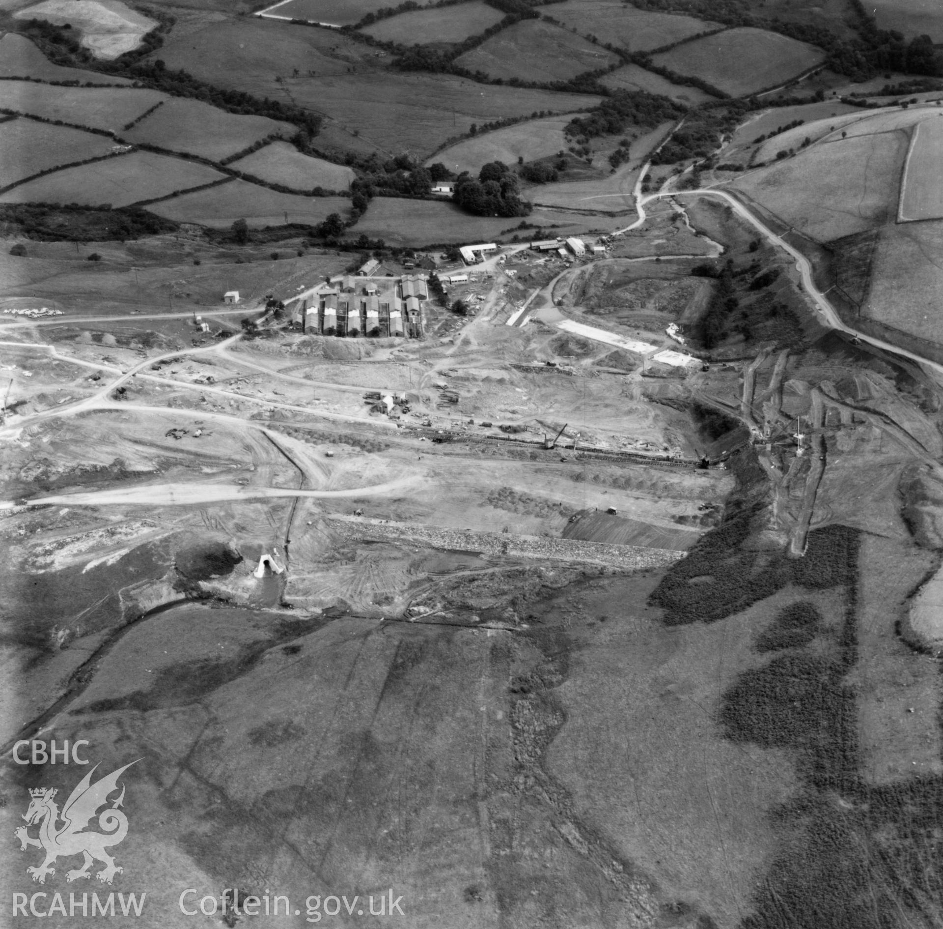View of site during the construction of Usk Reservoir. Oblique aerial photograph, 5?" cut roll film.