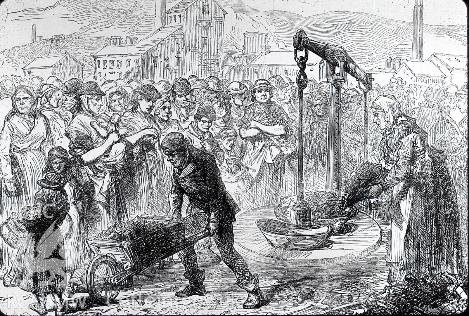 Digital copy of etching from London Illustrated News entitled: 'Strike in South Wales: Local Families at Merthyr with Their Portion Worth of Coal', dated 1873.