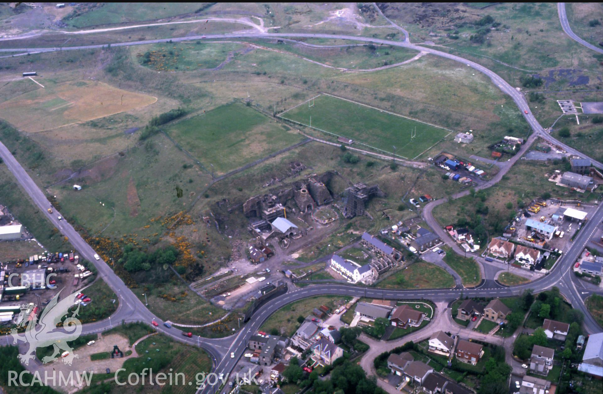Slide of RCAHMW colour oblique aerial photograph of Blaenavon Ironworks, Blaenavon, taken by C.R. Musson, 11/5/1990.