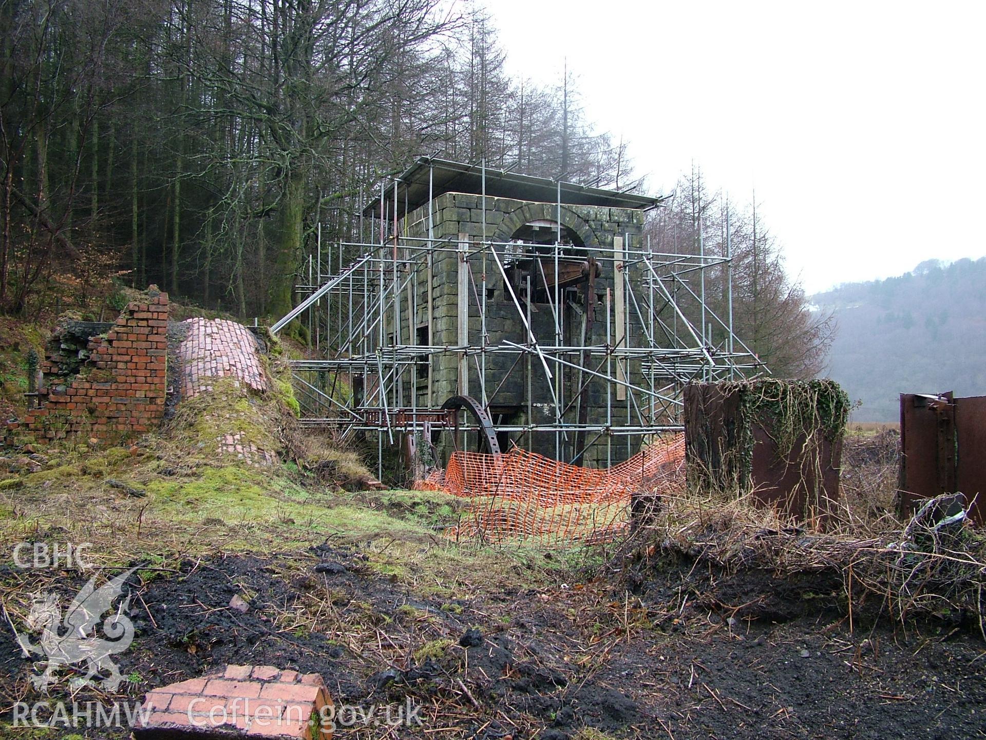 View of 1845 engine house with scaffolding.