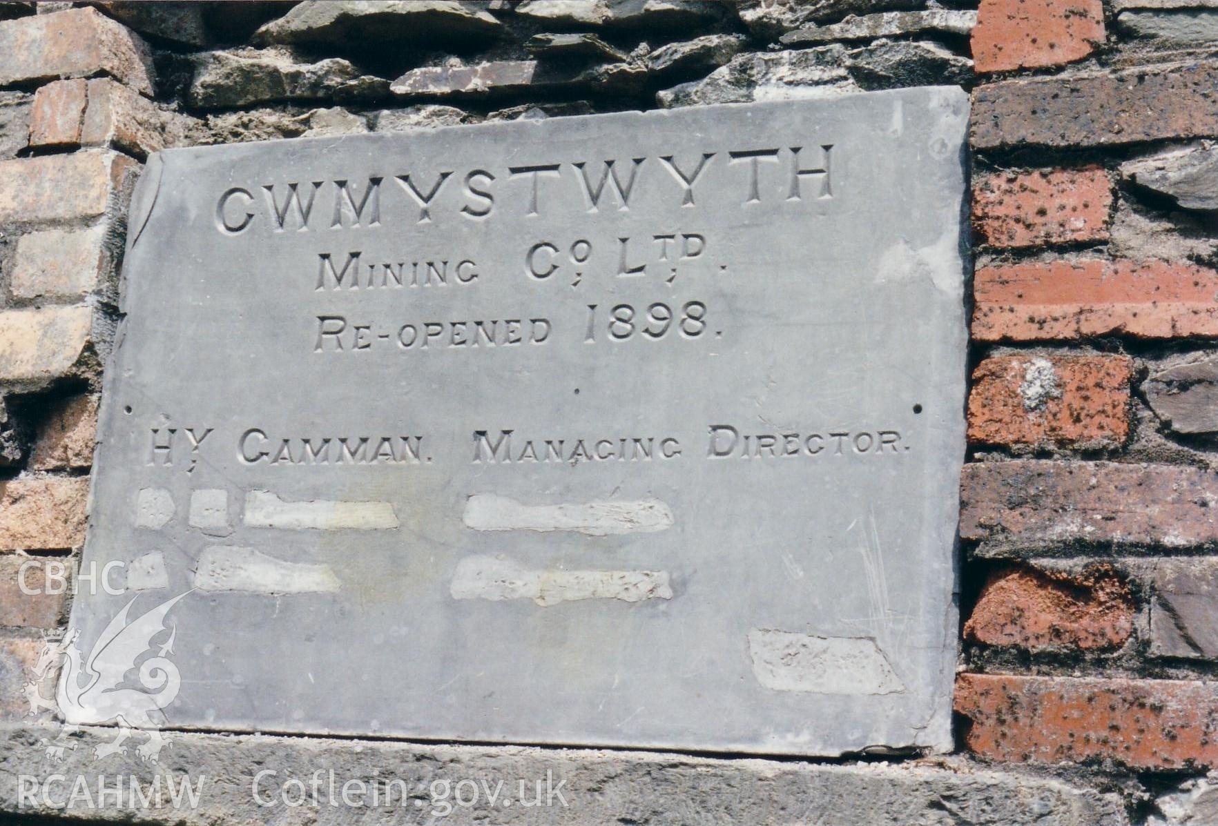 Close up of plaque for Level Fawr (on loan from Llywernog Mining Museum for photo)