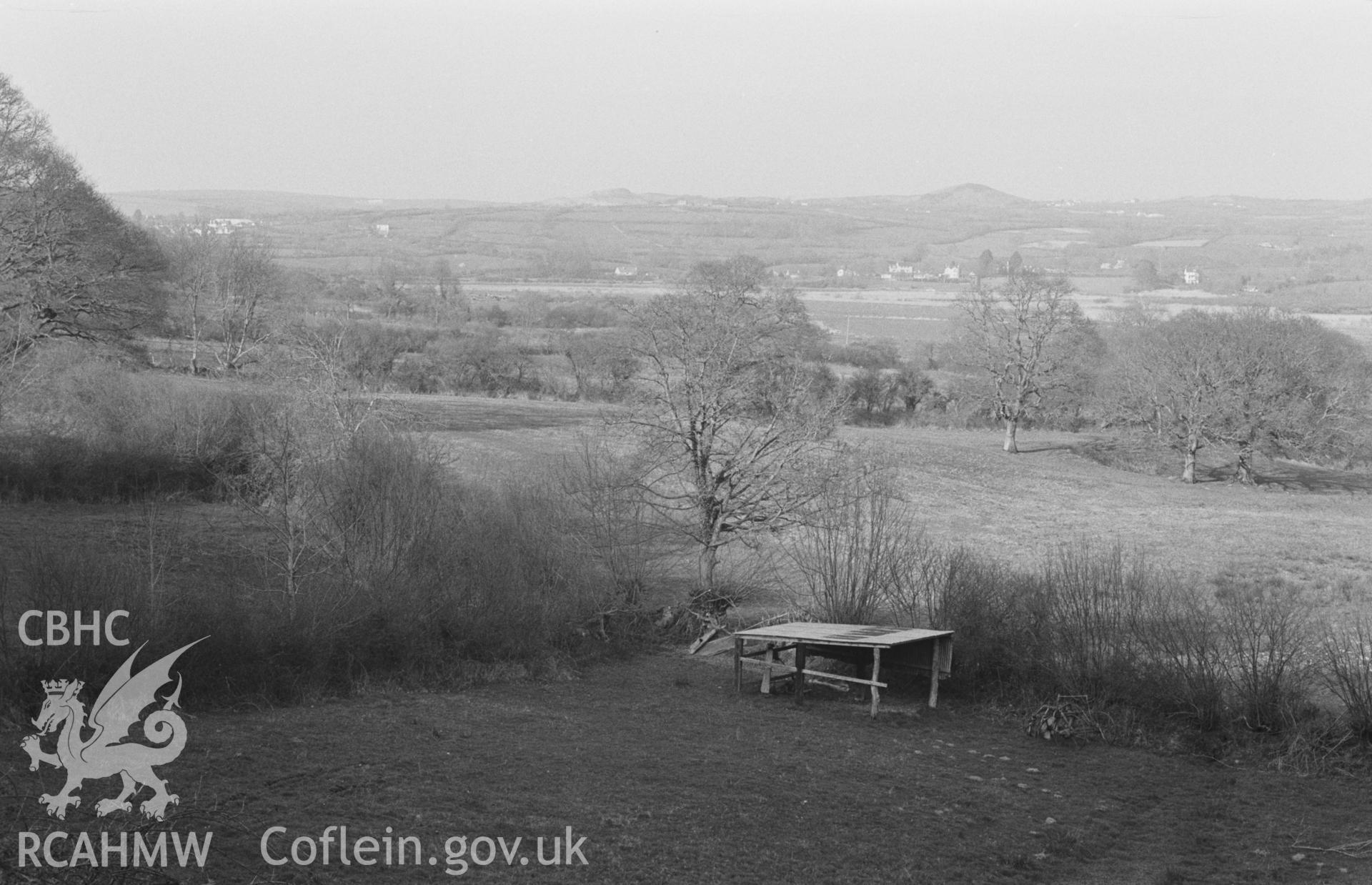 Digital copy of a black and white negative showing view from the A478 main road at Dolau, looking across the Teifi, Bancywarren hill in distance on right. Photographed by Arthur O. Chater in April 1968. (Looking north north east from Grid Reference SN 180 444).
