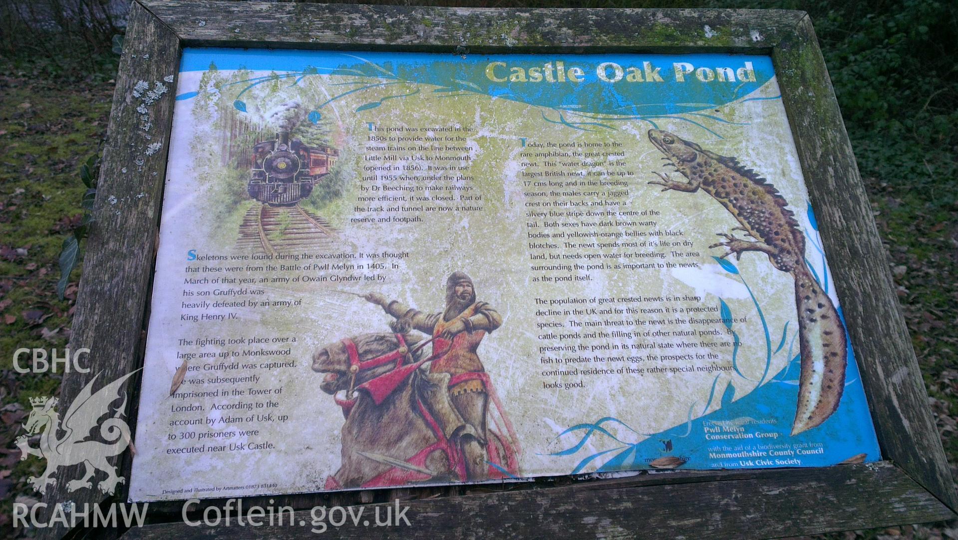 Digital colour photograph of information board at Pwll Melyn battlefield. Photographed during Phase Three of the Welsh Battlefield Metal Detector Survey, carried out by Archaeology Wales, 2012-2014. Project code: 2041 - WBS/12/SUR.