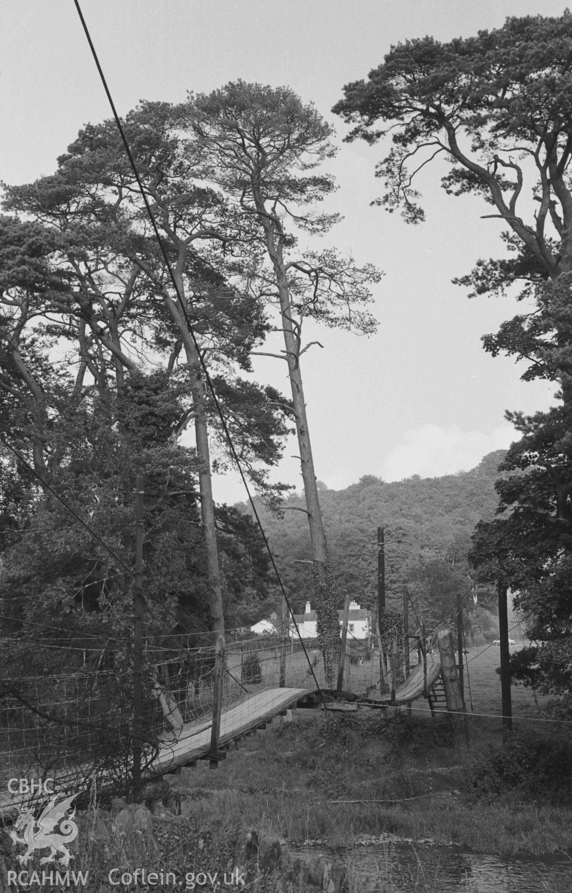 Digital copy of a black and white negative showing the suspension footbridge across the Teifi at Llandysul with Dol-Llan beyond. Photographed by Arthur O. Chater in August 1965 from Grid Reference SN 4190 4074, looking east north east.