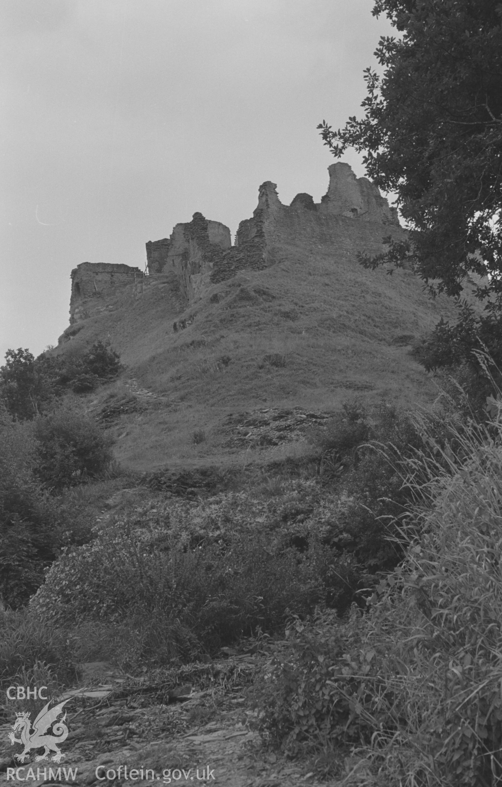Digital copy of a black and white negative showing Coedmore woods, the Teifi, and Cilgerran castle. Photographed in September 1963 by Arthur O. Chater from Grid Reference SN 1947 4324, looking south south east - east. Panorama, photo 1 of 4 (duplicate).