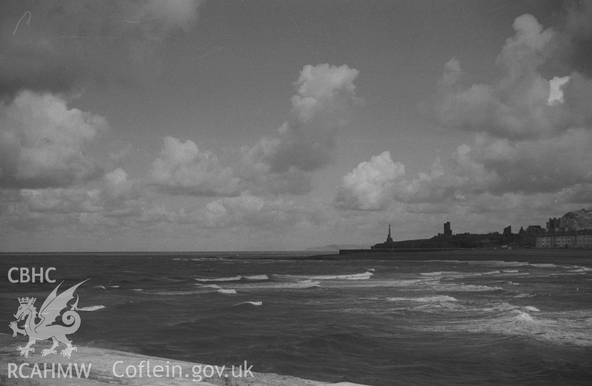 Digital copy of a black and white negative showing view from Tanybwlch pier, Aberystwyth. Photographed by Arthur O. Chater in September 1964 from Grid Reference SN 5785 8078. (Panorama. Photograph 2 of 10).