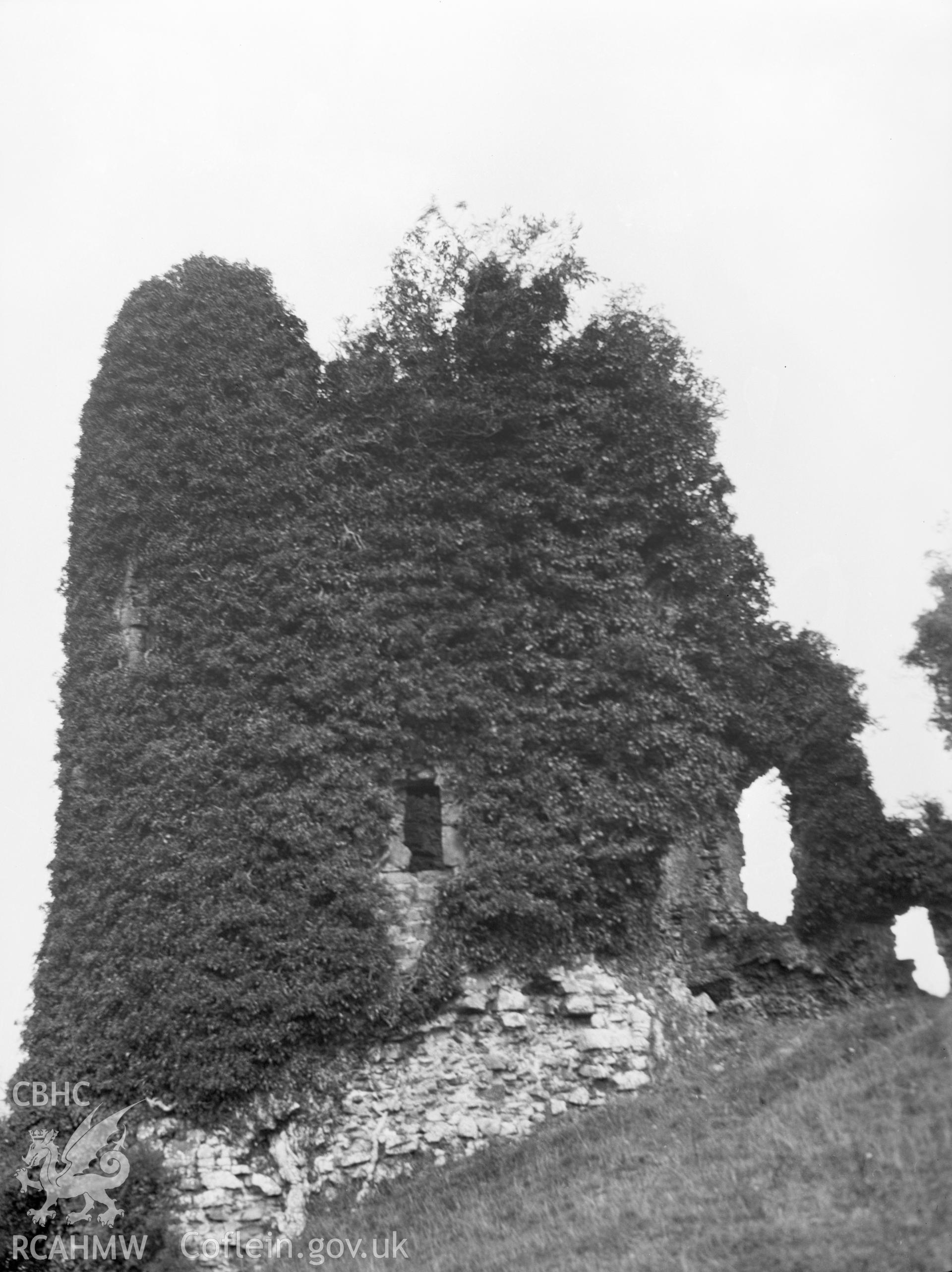 Digital copy of a nitrate negative showing exterior view of ruined circular tower, Narberth Castle. From the National Building Record Postcard Collection.