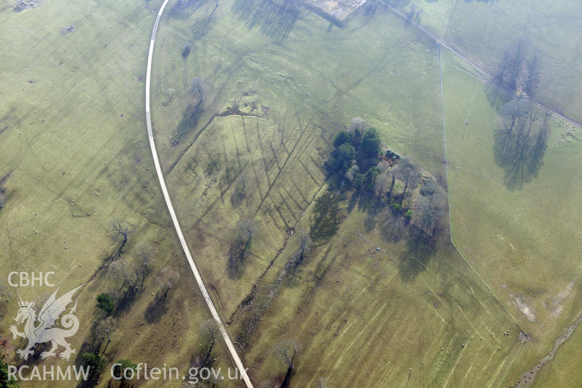 First World War practise trenches at Kinmel Park, Bodelwyddan, between Abergele and St. Asaph. Oblique aerial photograph taken during the Royal Commission?s programme of archaeological aerial reconnaissance by Toby Driver on 28th February 2013.