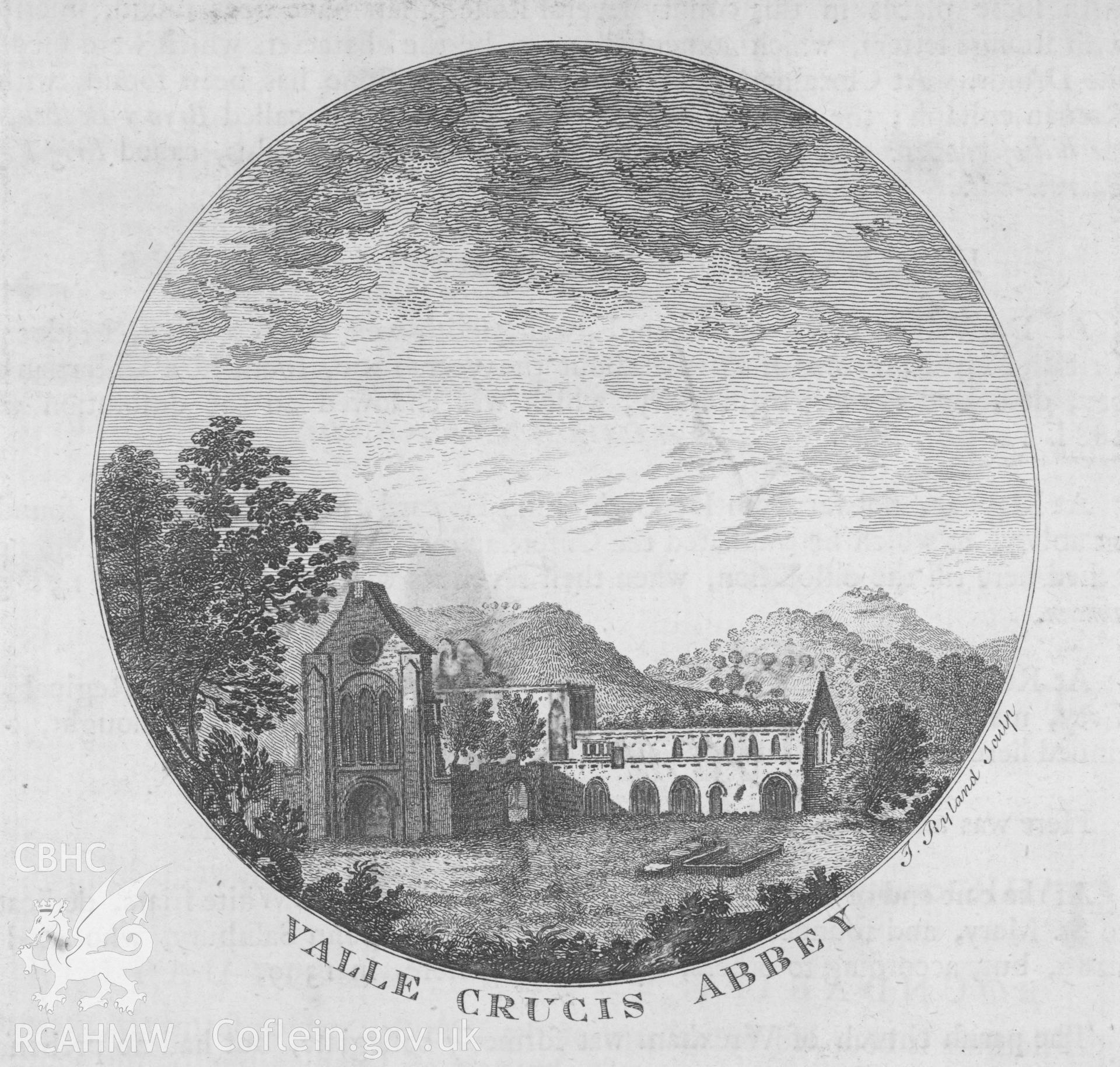 Digital copy of an engraving showing Valle Crucis Abbey, near Llangollen.